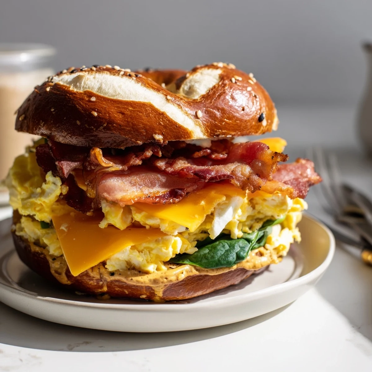 Frühstückssandwich aus Brezelbageln mit Rührei, knusprigem Speck und geschmolzenem Käse.