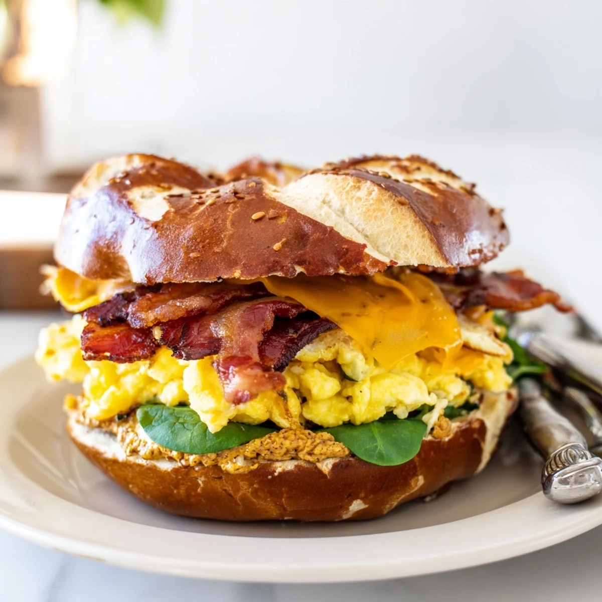 Herzhafter Brezelbagel Frühstückssandwich, warm serviert mit frischem Spinat und cremigem Käse.