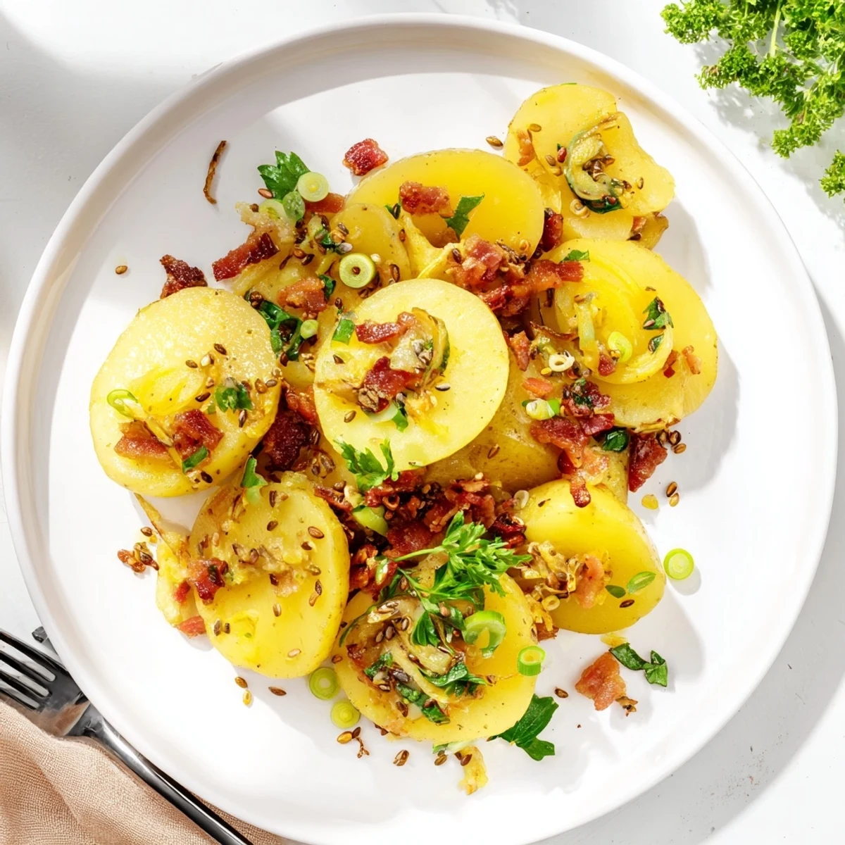 Warmes deutsches Kartoffelsalat mit Speck und würzigem Senf-Dressing serviert.  