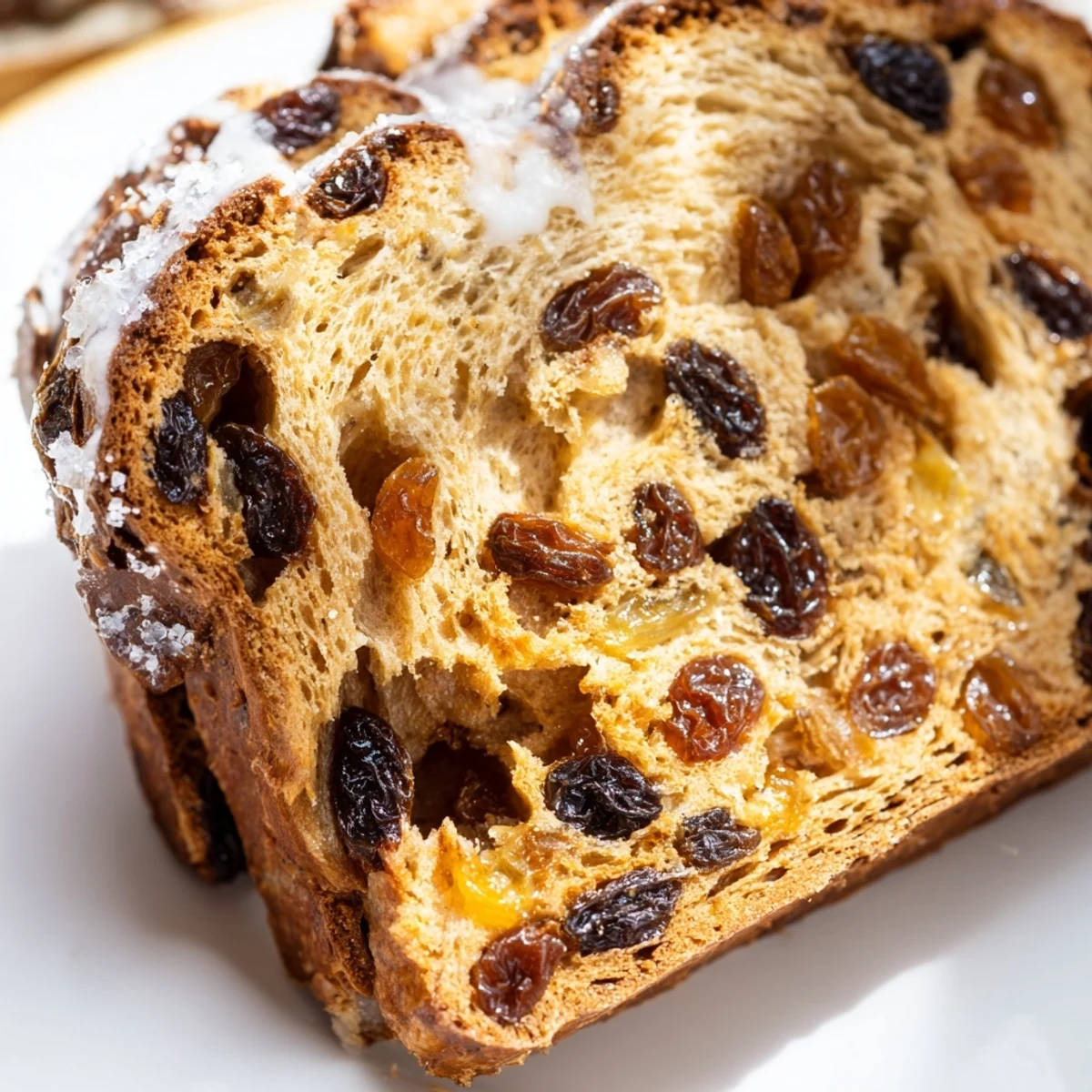 Klassisches deutsches Rosinenbrot, goldbraun gebacken und duftend, ideal zum Frühstück.  