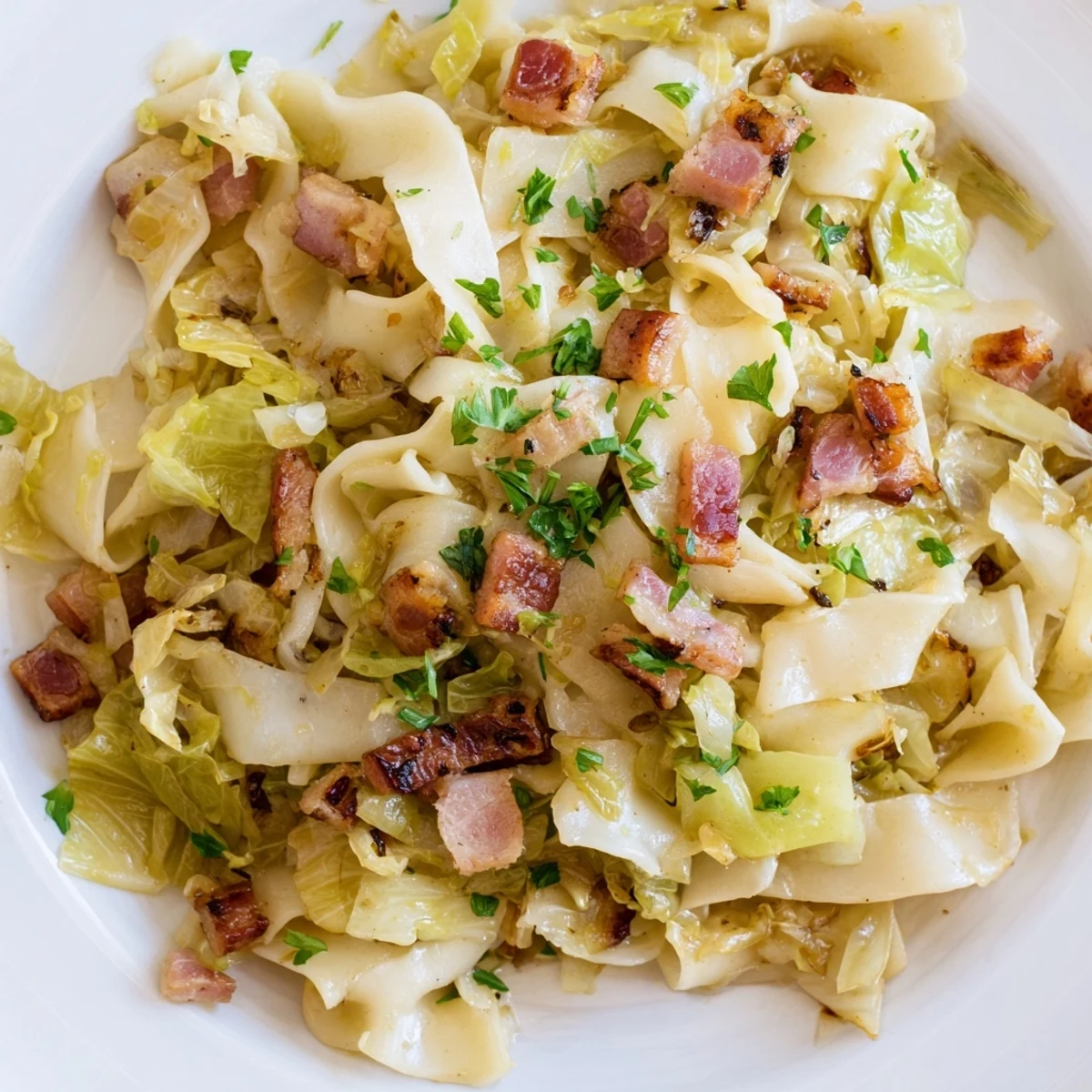 Knuspriger Speck und karamellisierter Kohl in deutschen gebratenen Speck-Kohl-Nudeln.  