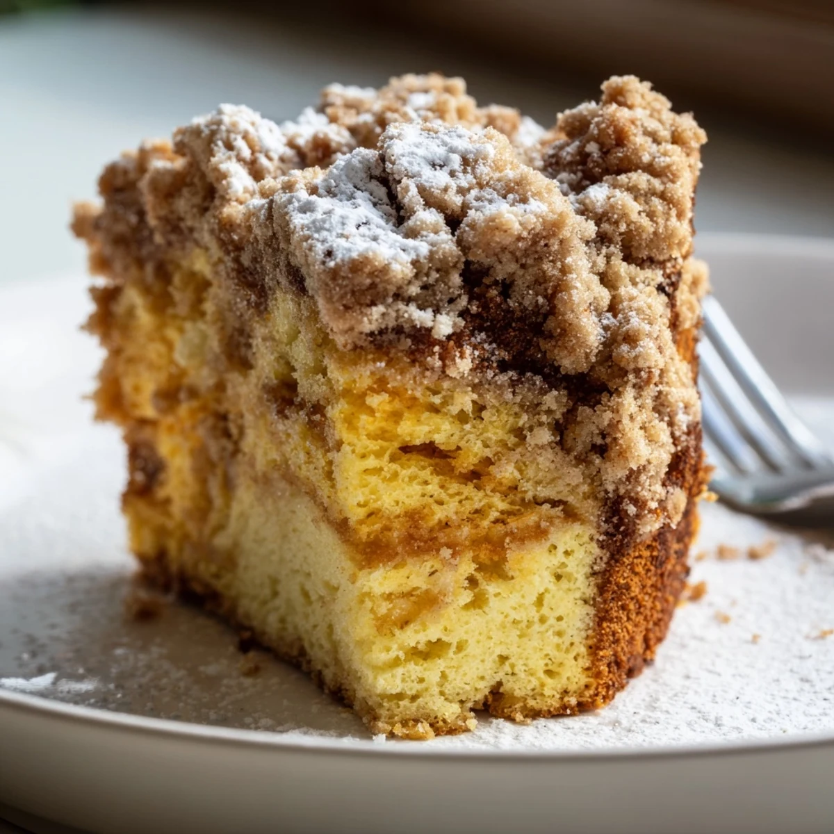 Köstlicher deutscher Streuselkuchen, perfekt zum Kaffee mit einer knusprigen Zimtstreusel-Oberschicht.  