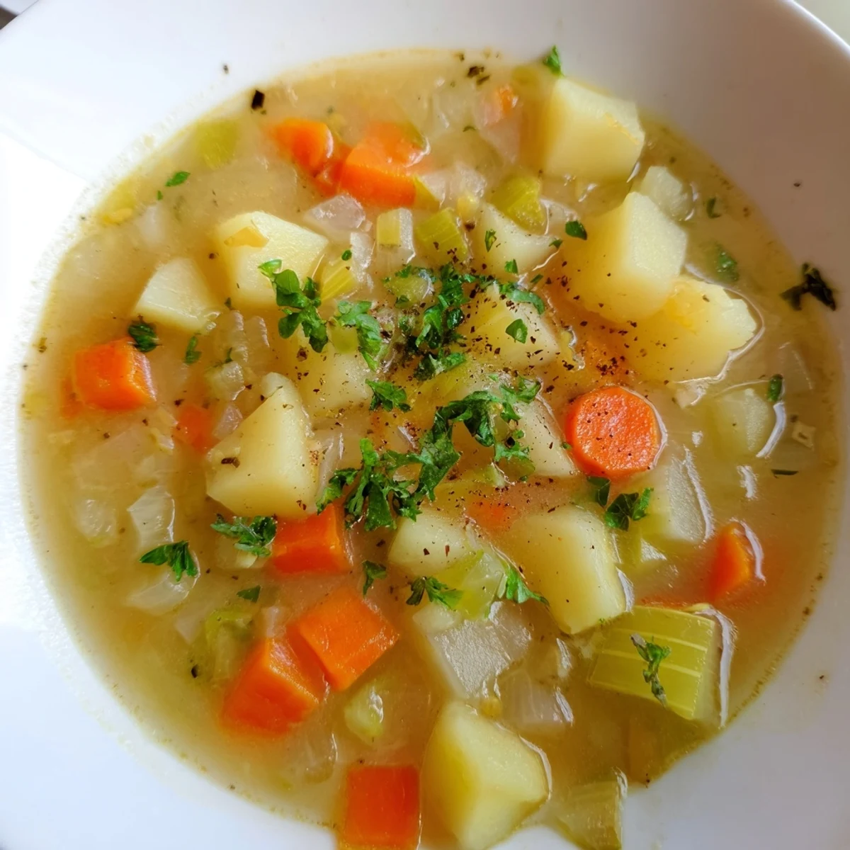 Klassische deutsche Kartoffelsuppe mit frischen Kräutern in einer warmen Schüssel.