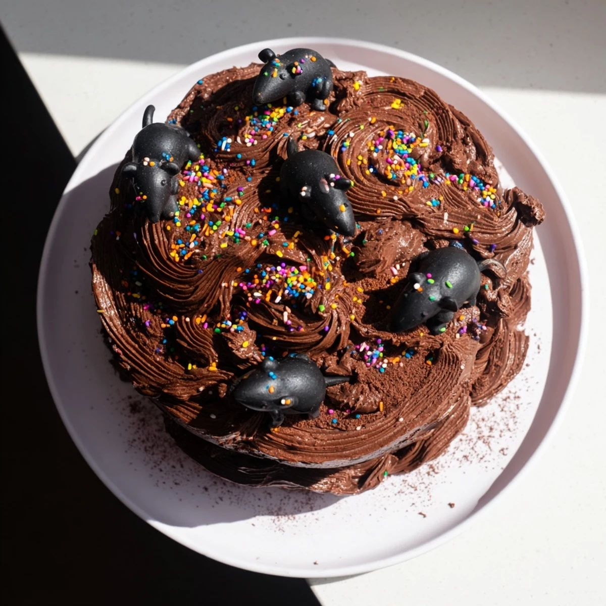 A messy, dark chocolate Chaotic Rat Cake with playful, swirling chocolate frosting.
