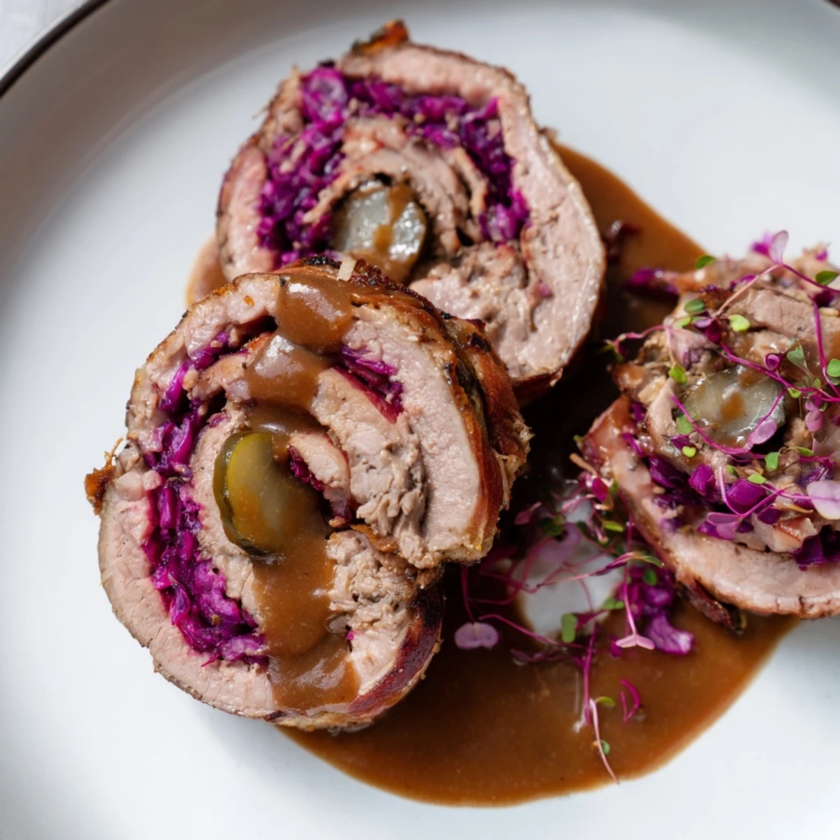 Close-up of Sauerbraten Roulades with tender beef and vibrant red cabbage served elegantly.