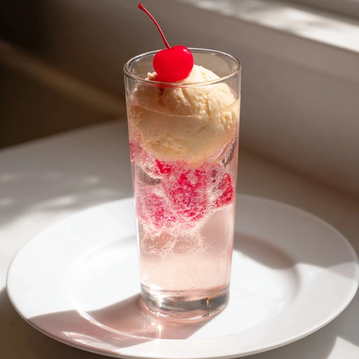 Visually stunning cream soda float with homemade vanilla syrup and vanilla ice cream.