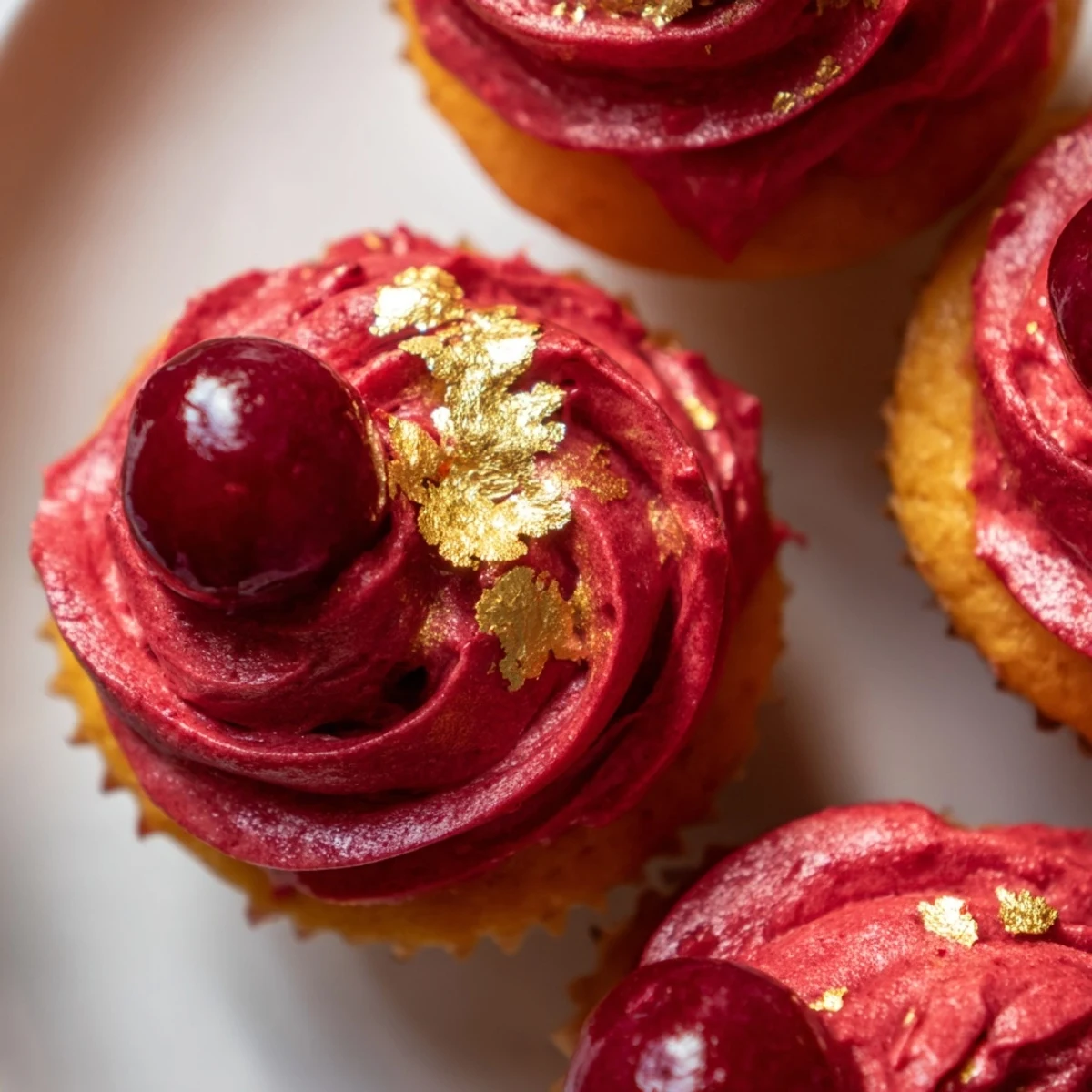 Fluffy mini cherry cupcakes with a vibrant cherry-red cream, topped with shimmering gold leaf.