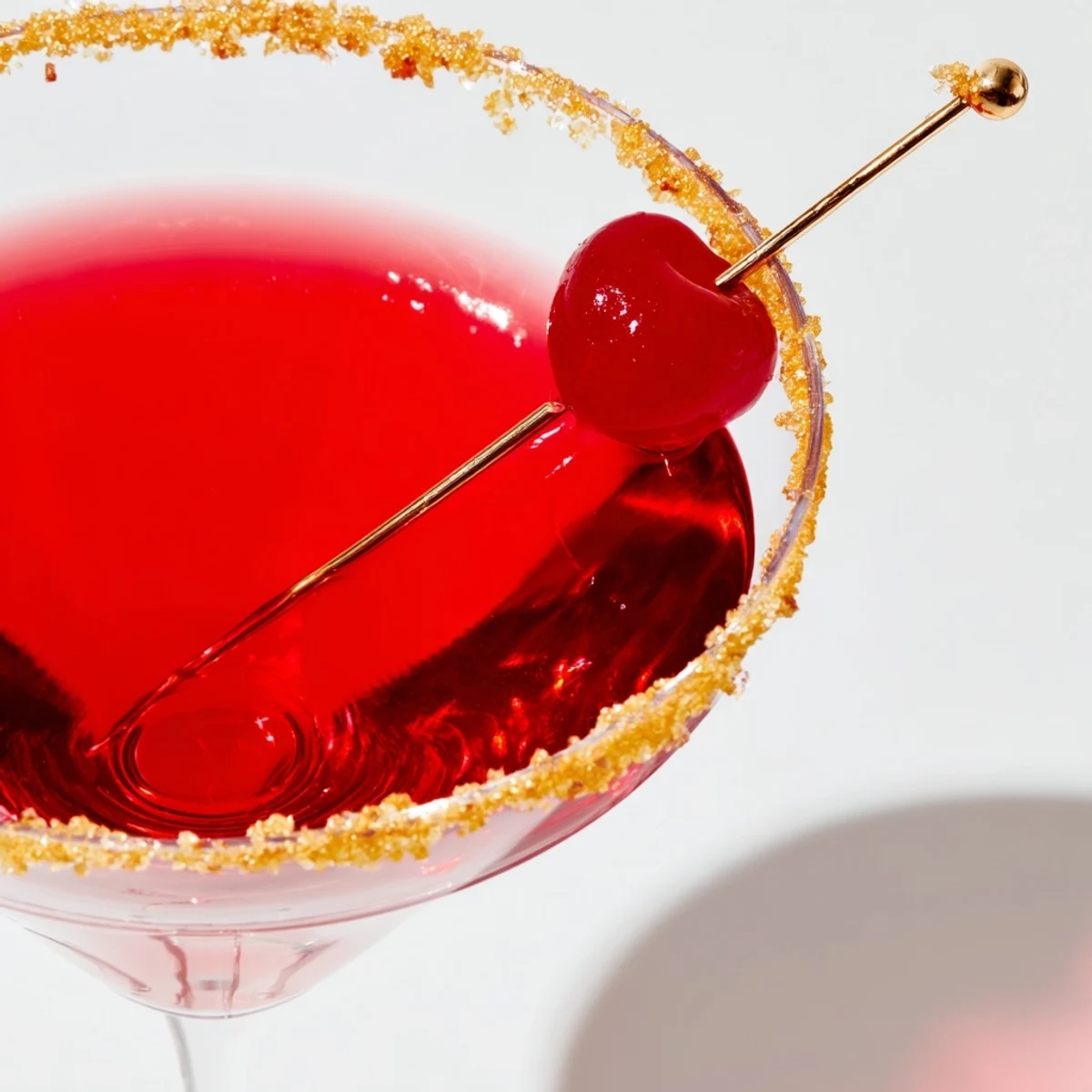 A Rococo Kirsch Martini with a shimmering gold rim, ready to sip.