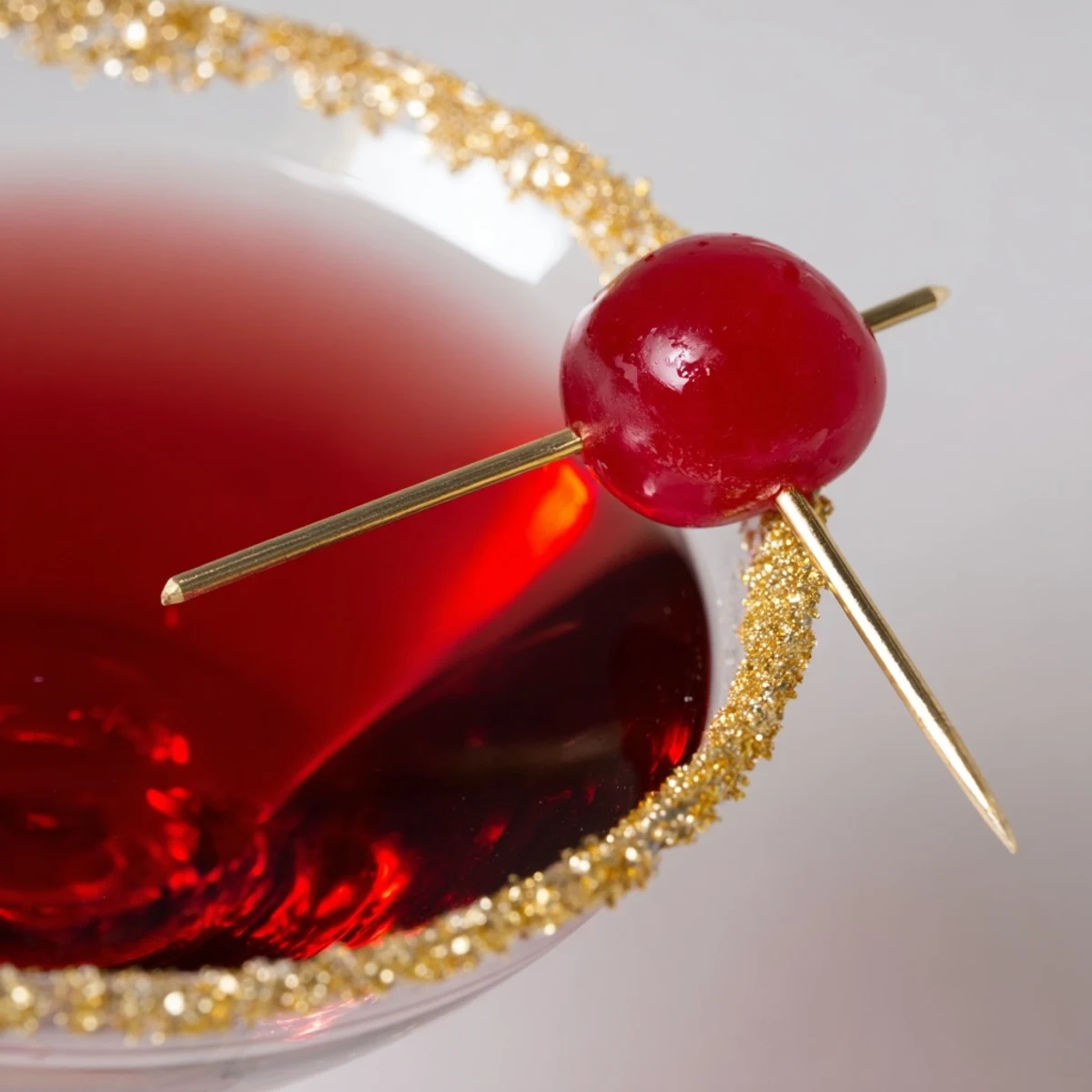 Elegant presentation of a chilled Rococo Kirsch Martini, garnished with a bright cherry.