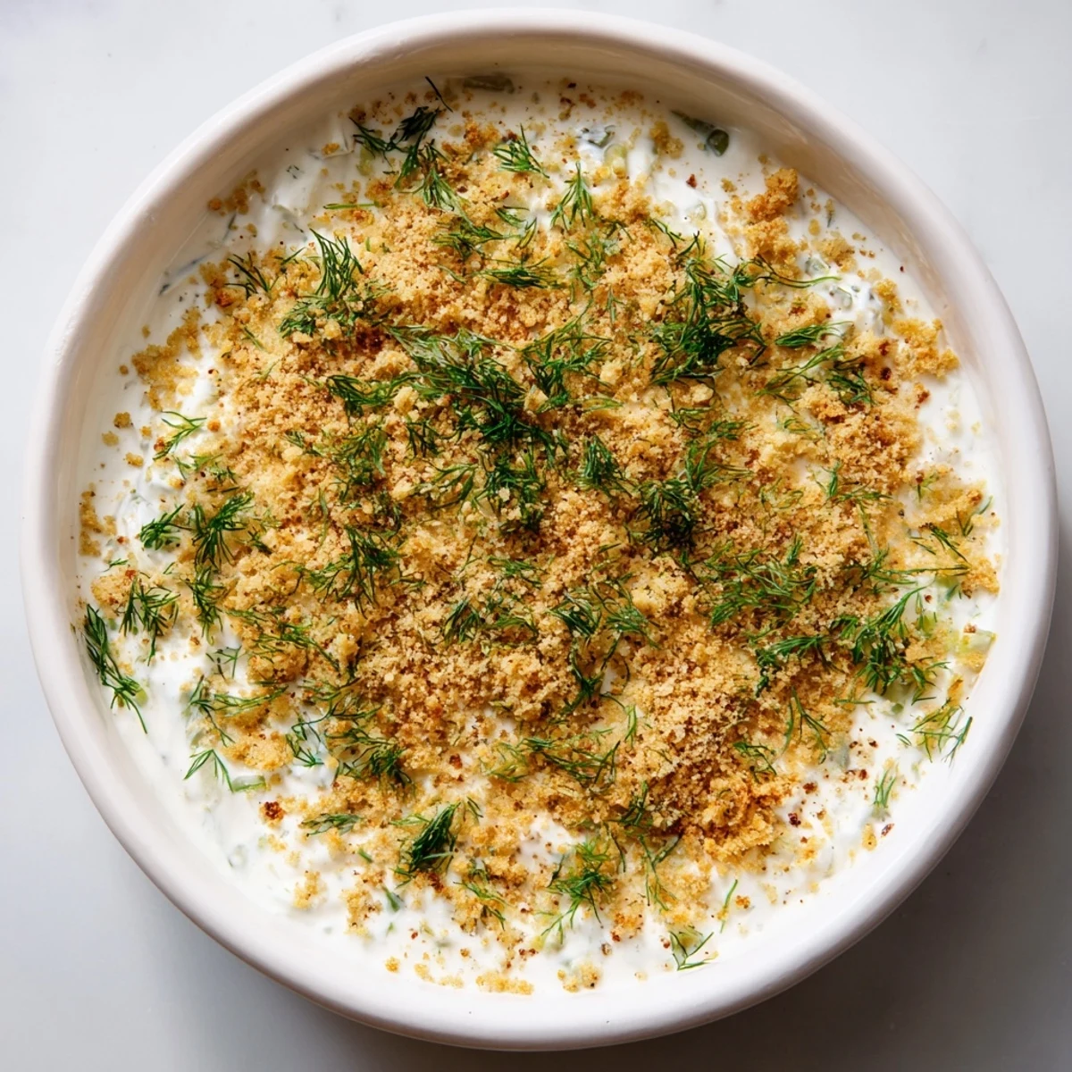 Fried Spiced Pickle Dip with a golden, crispy panko topping, ready to serve with crackers.