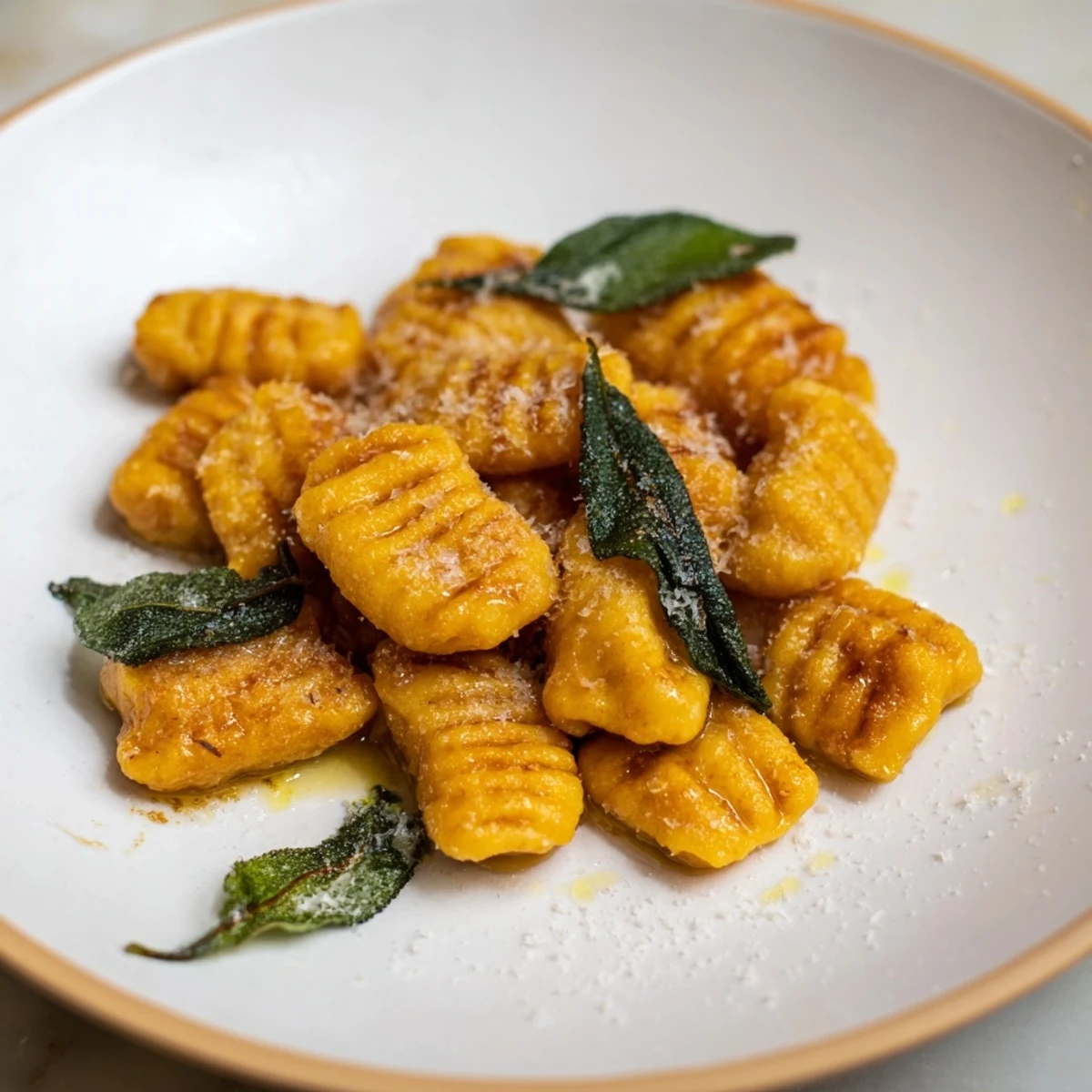 A comforting closeup showcasing freshly made butternut squash gnocchi, drizzled in rich brown butter sauce.