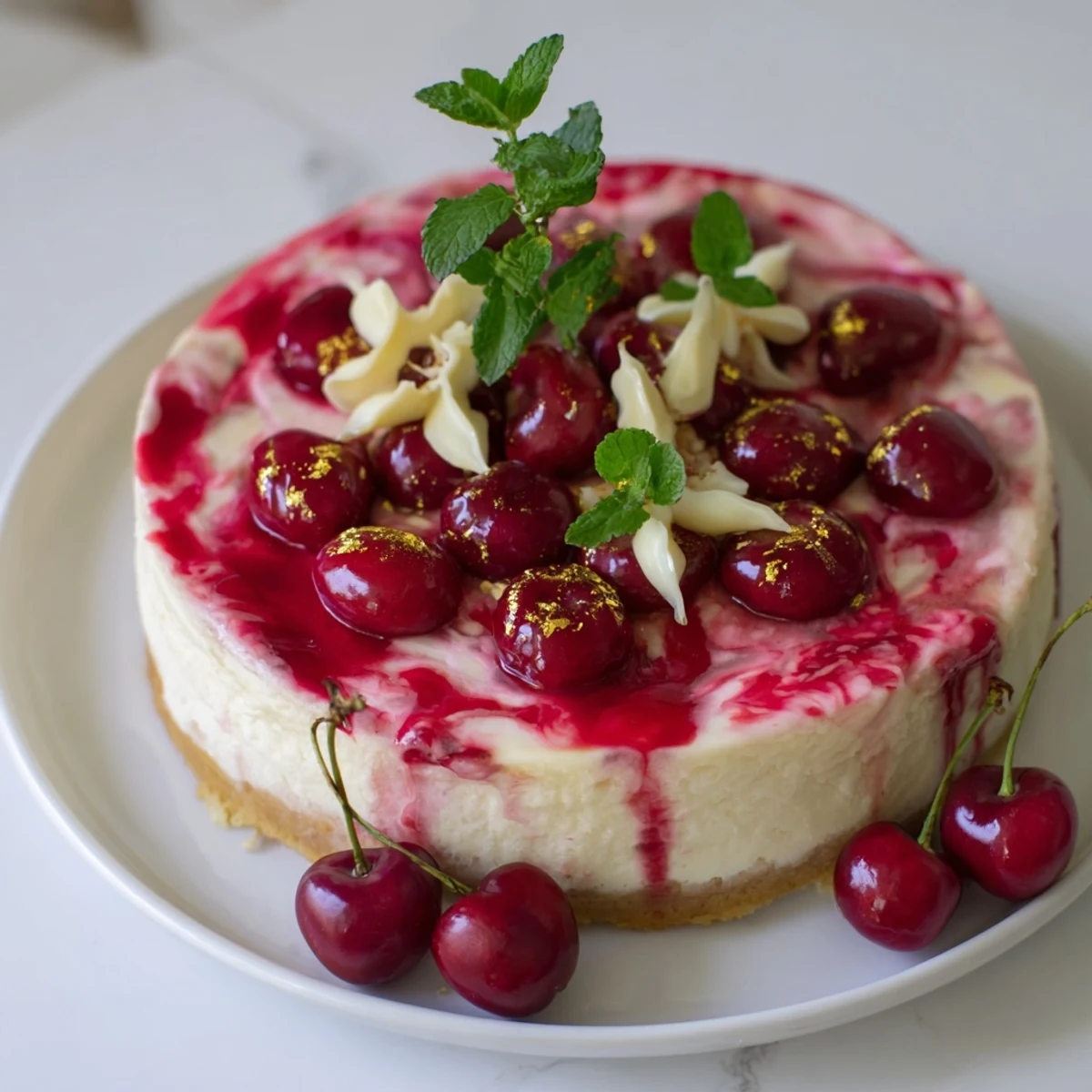 A slice of Cherry Vibe Cheesecake with a glossy cherry jam swirl, ready to savor.