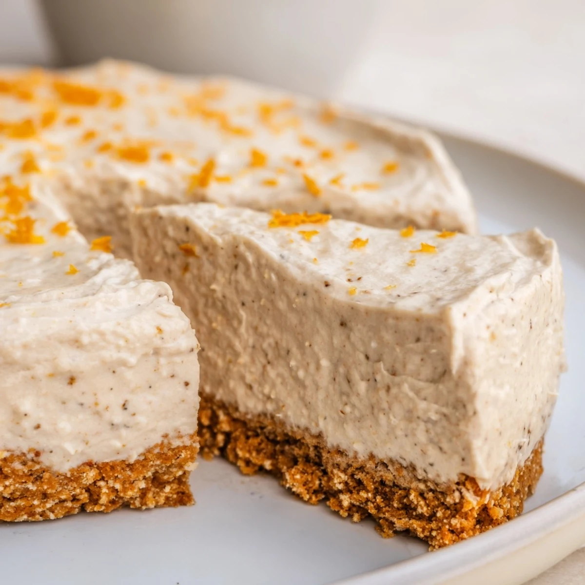 A slice of Lebkuchen Cheesecake with cinnamon frosting, ready to be enjoyed with a warm drink.