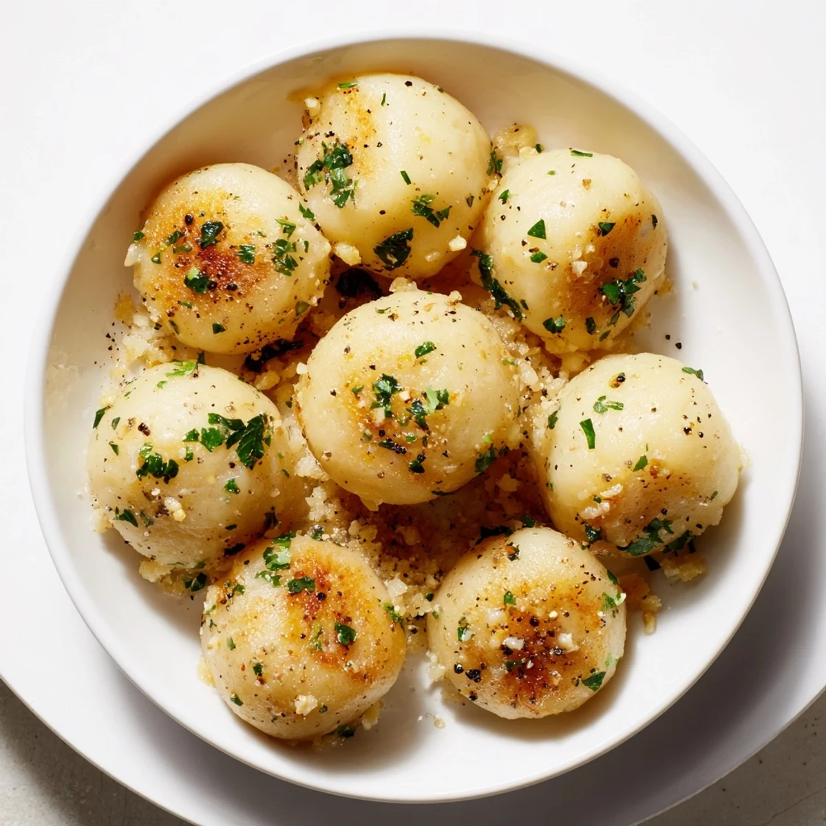Golden brown butter coats fluffy potato dumplings; parmesan cheese completes the comforting dish.
