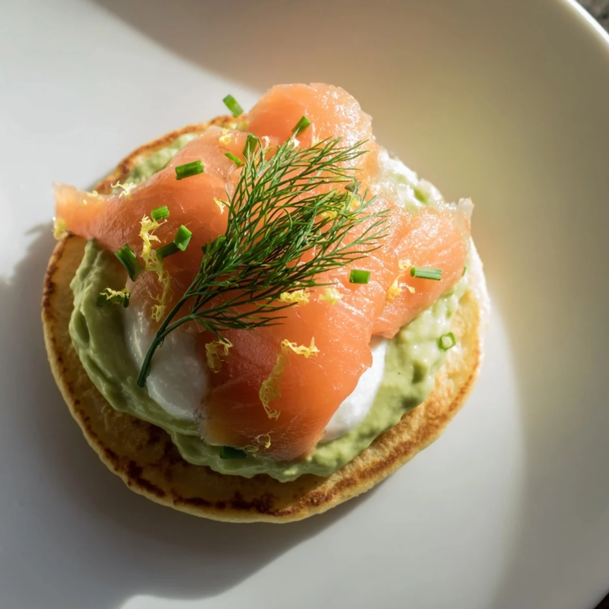 Golden, fluffy quark blinis topped with smoked salmon, creamy avocado, and fresh dill.