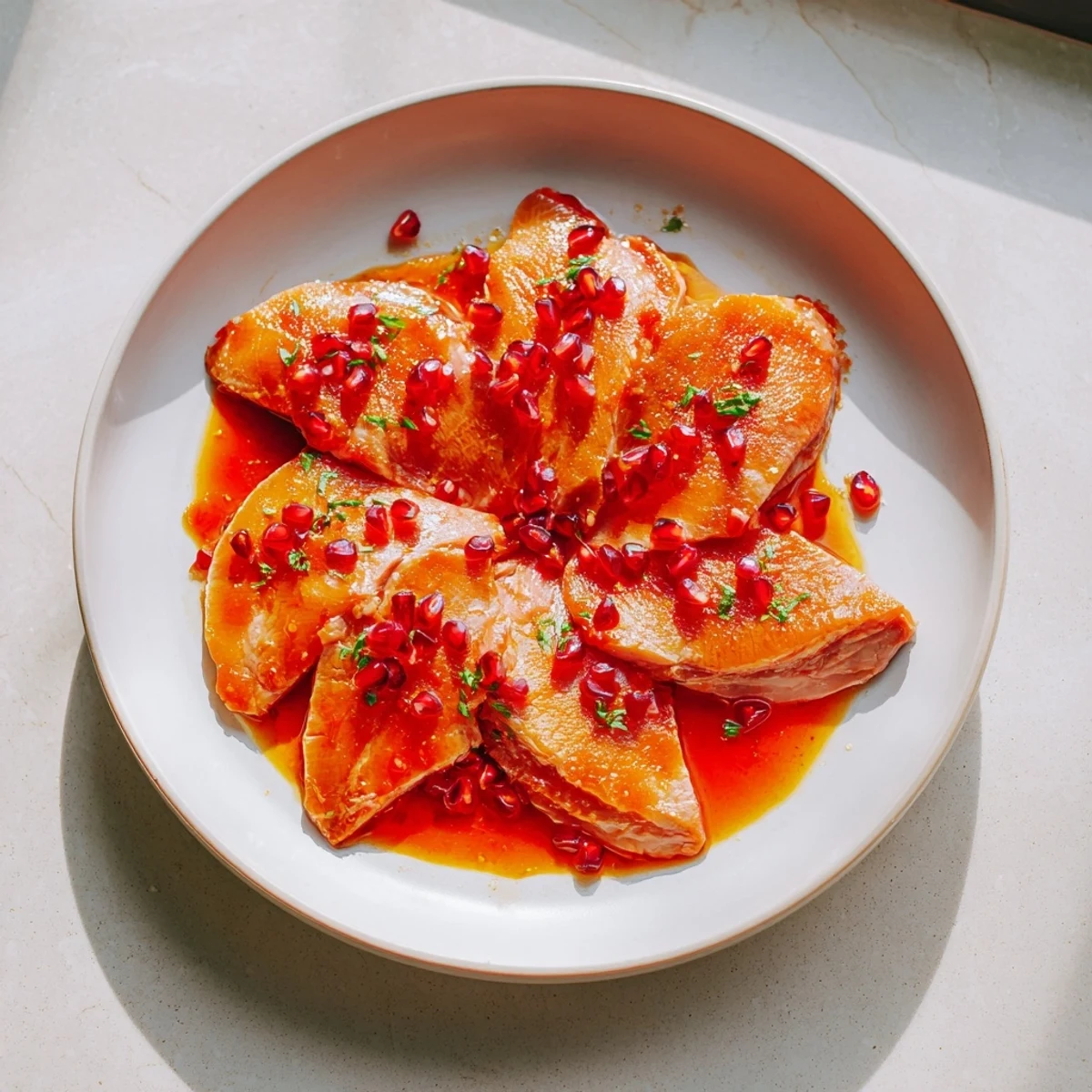 Close-up of the delicious Roasted Duck Breast with Pomegranate Reduction, offering a rich and elegant dinner.