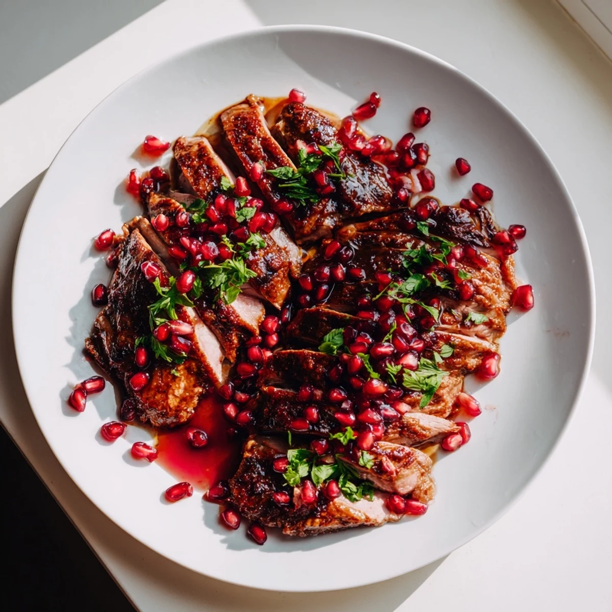 Golden-skinned Roasted Duck Breast with Pomegranate Reduction, a French classic, perfectly plated and juicy.