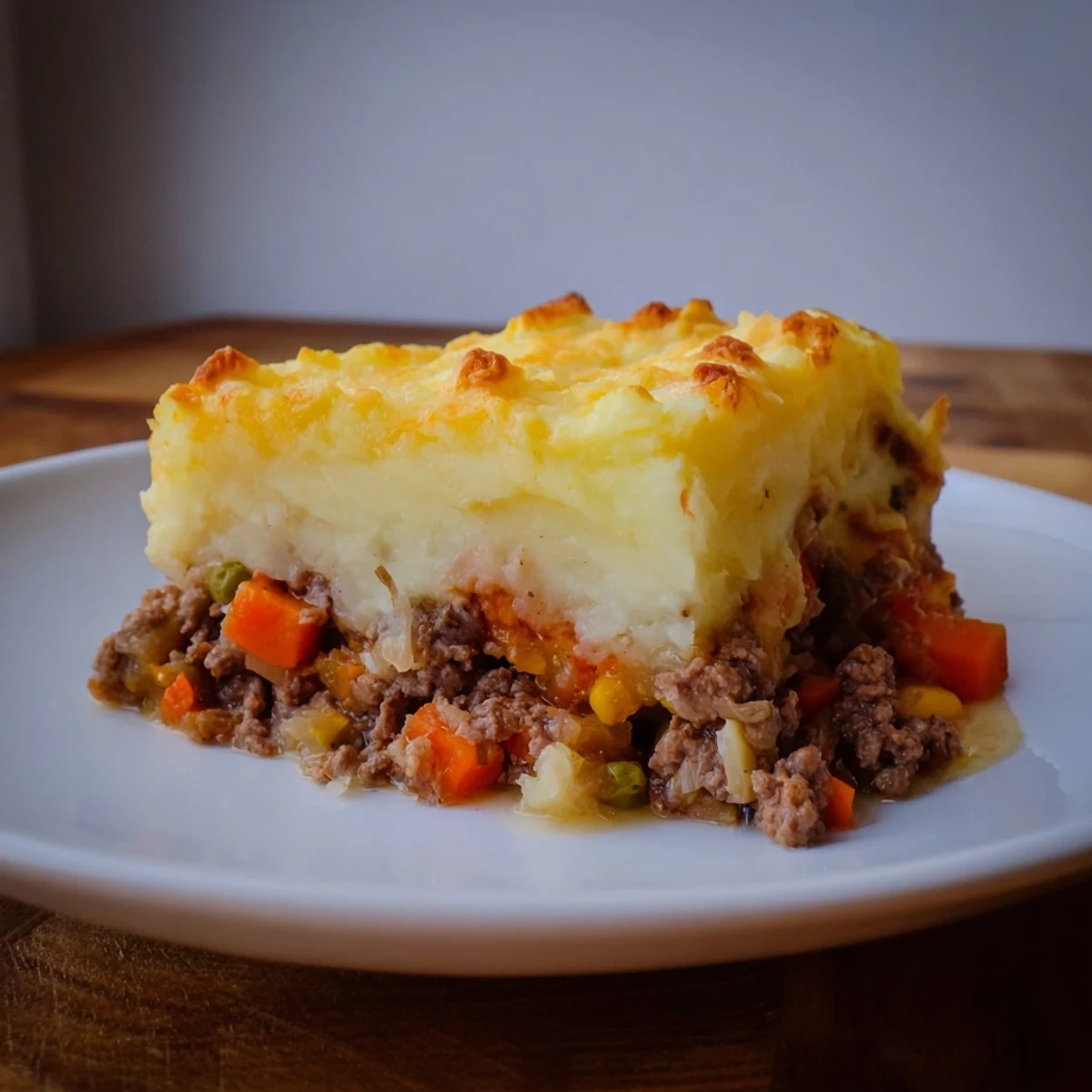 A bubbly, golden Rustic German Shepherd's Pie topped with cheddar mash, ready for serving.