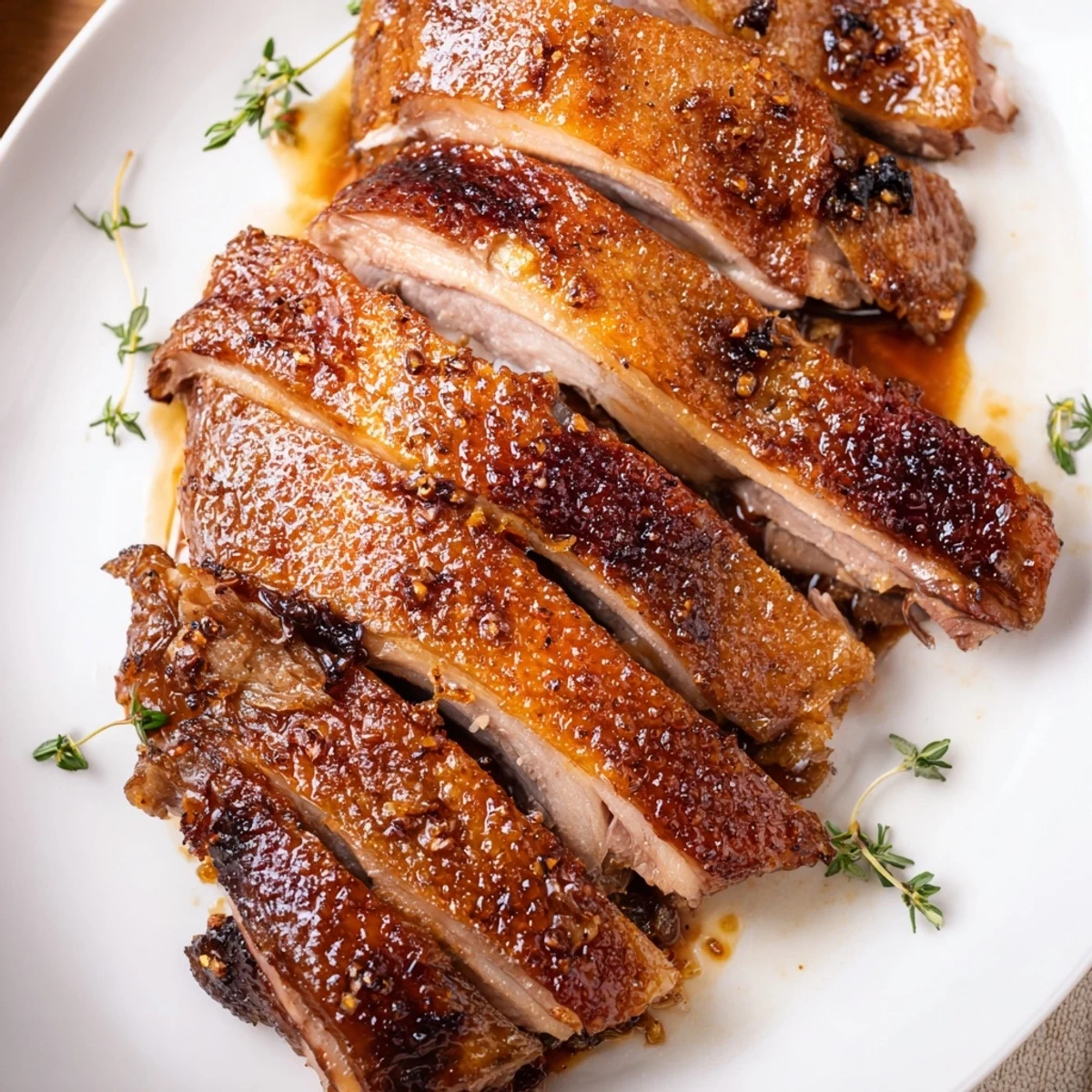 Succulent Festive Roast Goose, perfectly roasted with Asian five-spice, accompanied by fresh herbs and root vegetables.