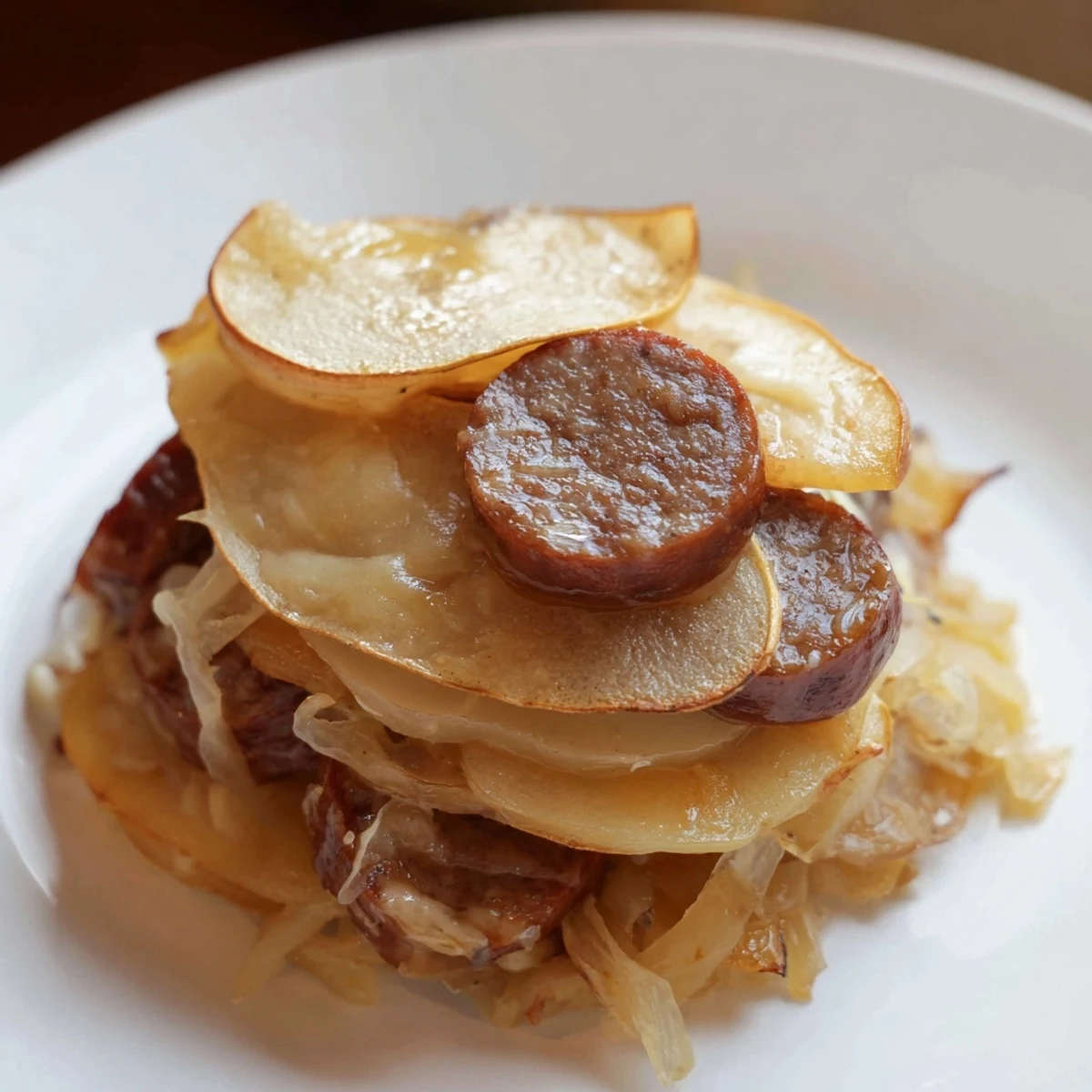 Golden-brown Sauerkraut Casserole with maple-glazed apples, showing a delicious, layered main dish.
