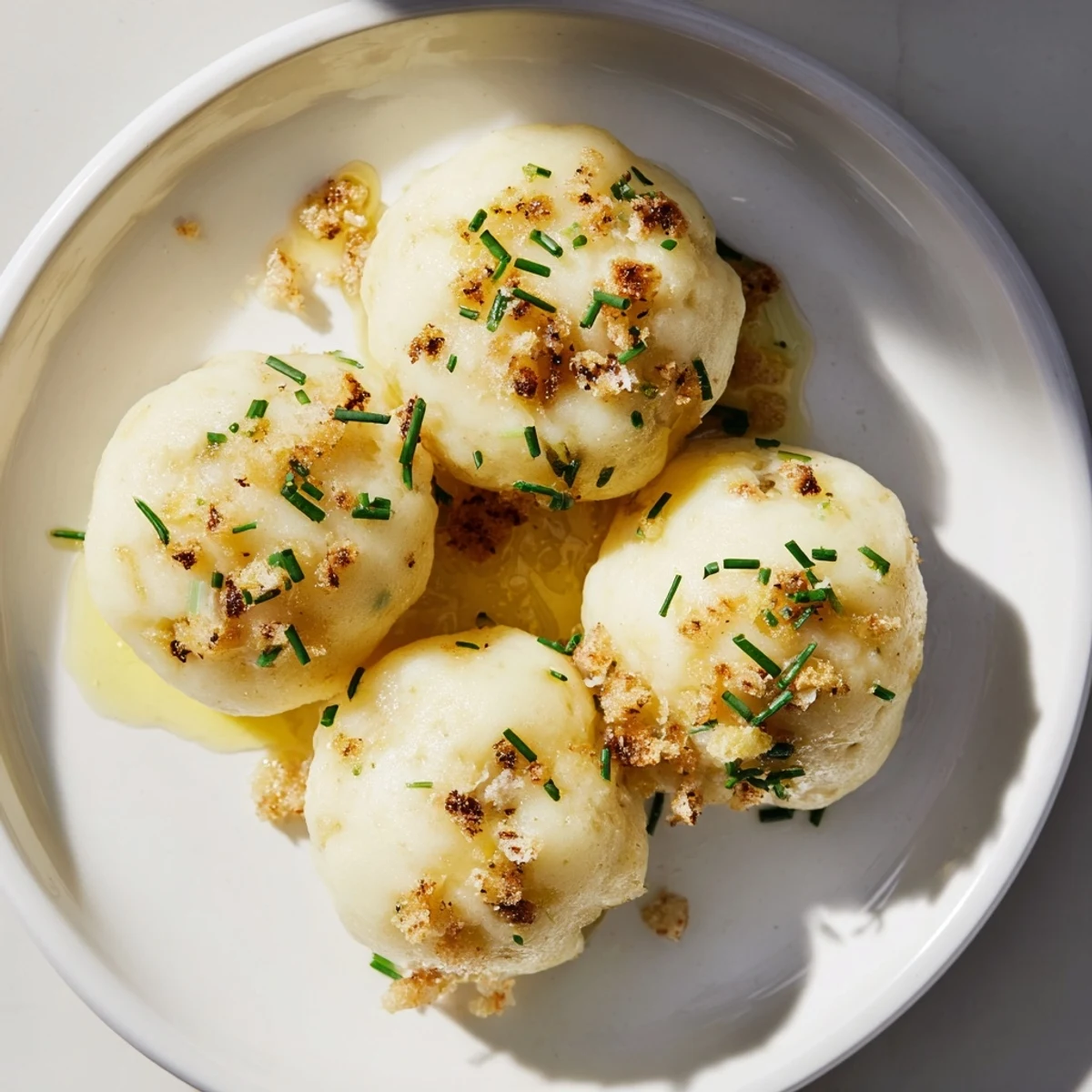 Fluffy potato dumplings, drizzled with truffle oil, showcasing a close-up of the elegant side dish.