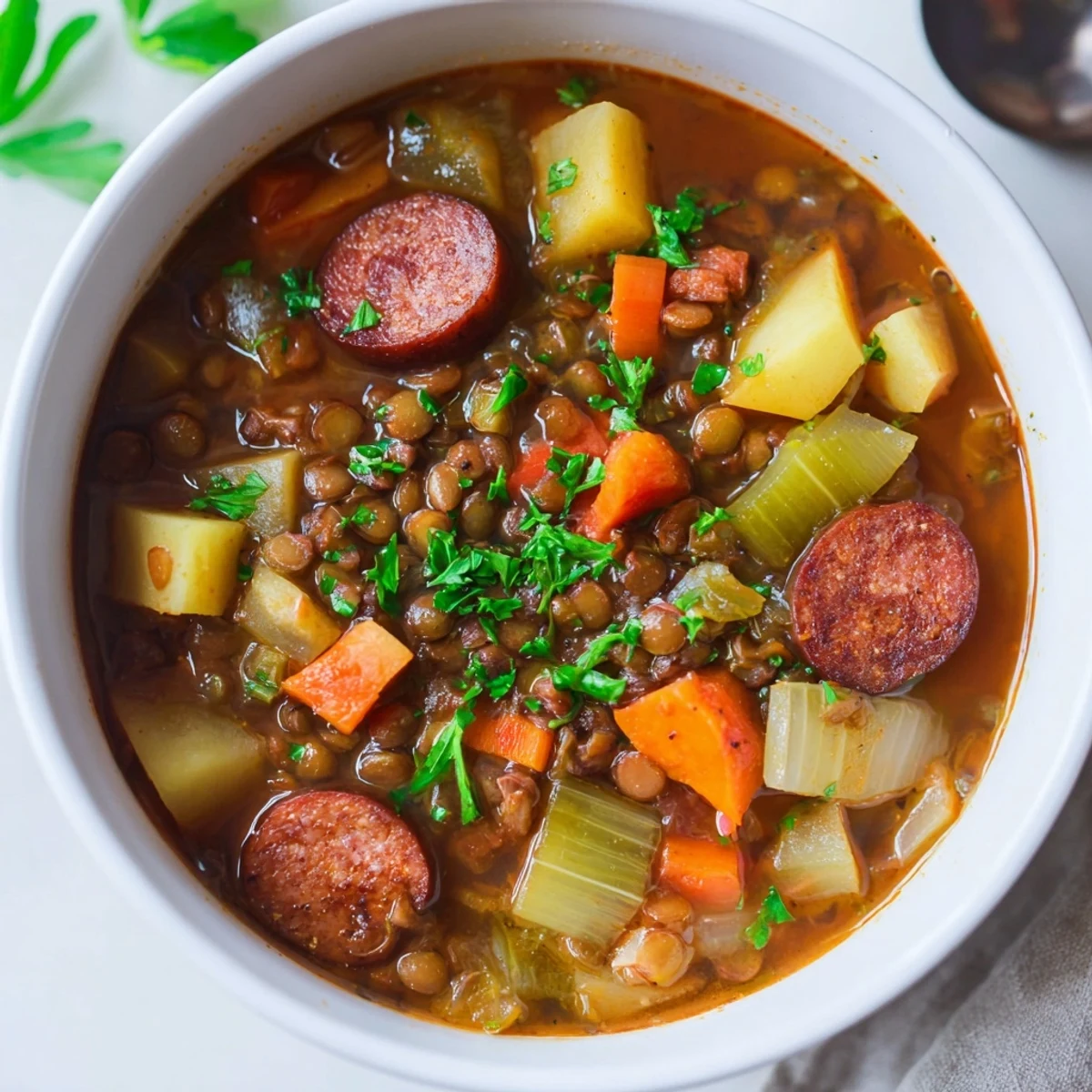 Steaming Instant Pot German Lentil Stew with chorizo, a hearty, one-pot meal, ready to serve.