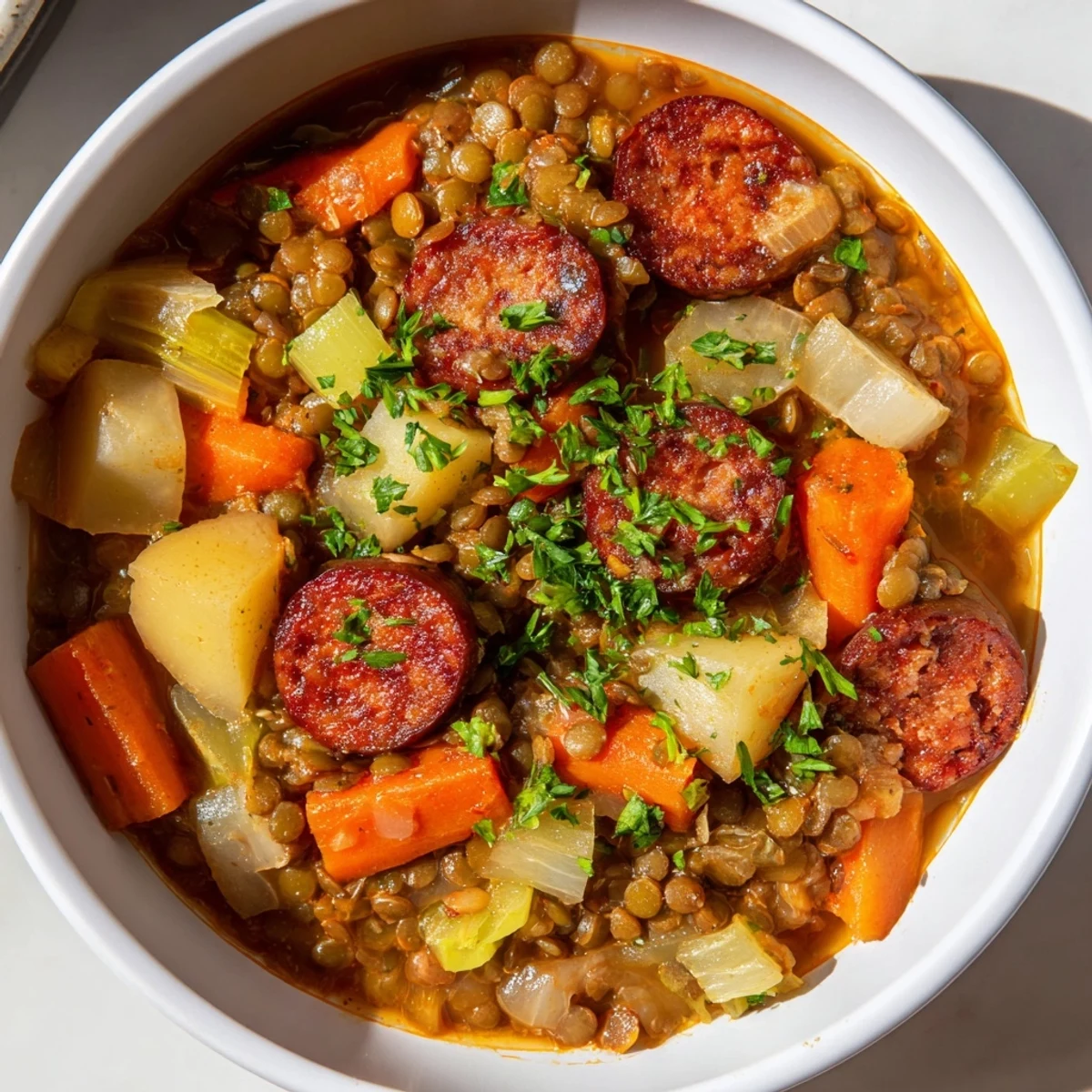 Close-up of the flavorful Instant Pot German Lentil Stew with chorizo, a comforting and easy dish.