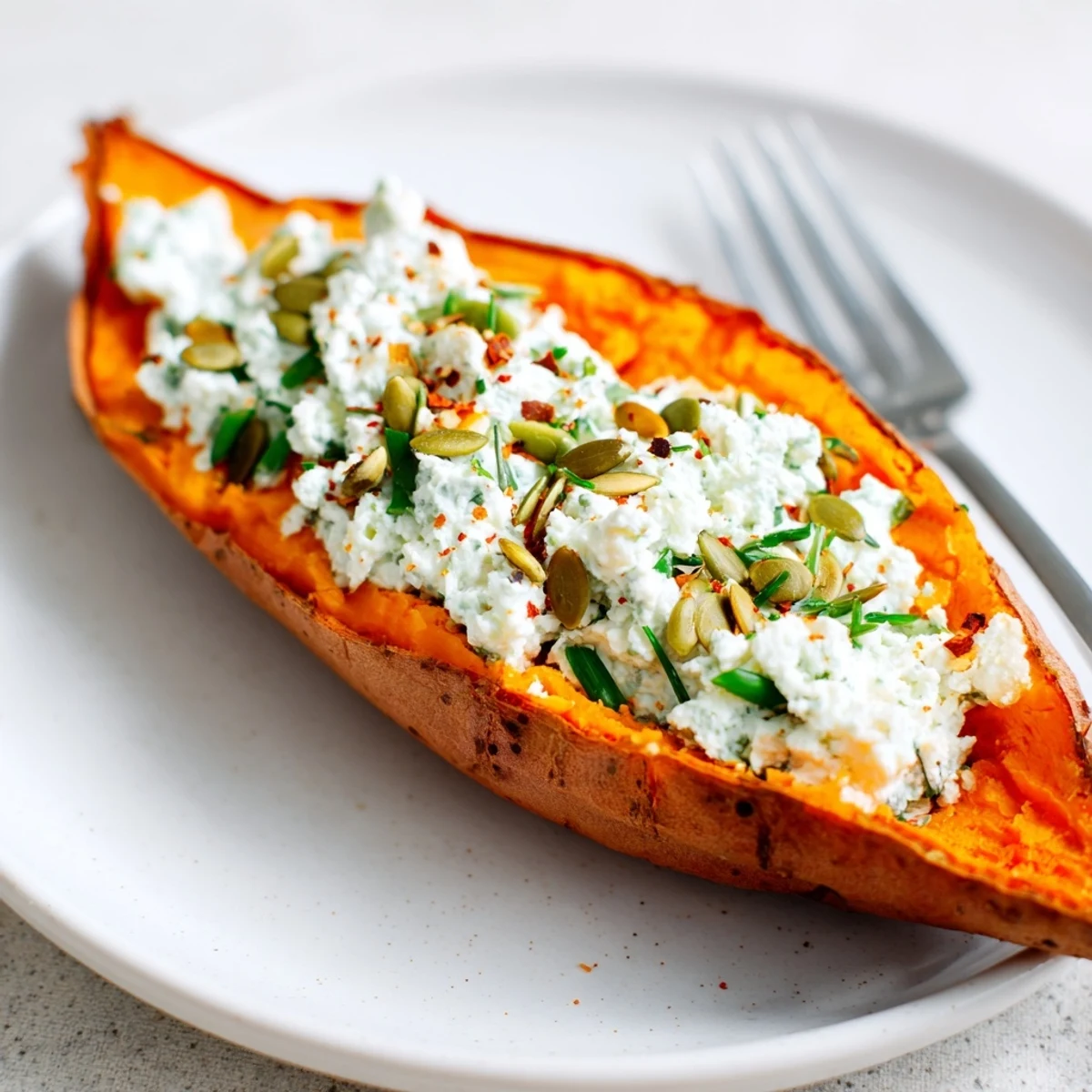 An oven-baked sweet potato stuffed with cottage cheese and herbs, a wholesome, colorful vegetarian meal.