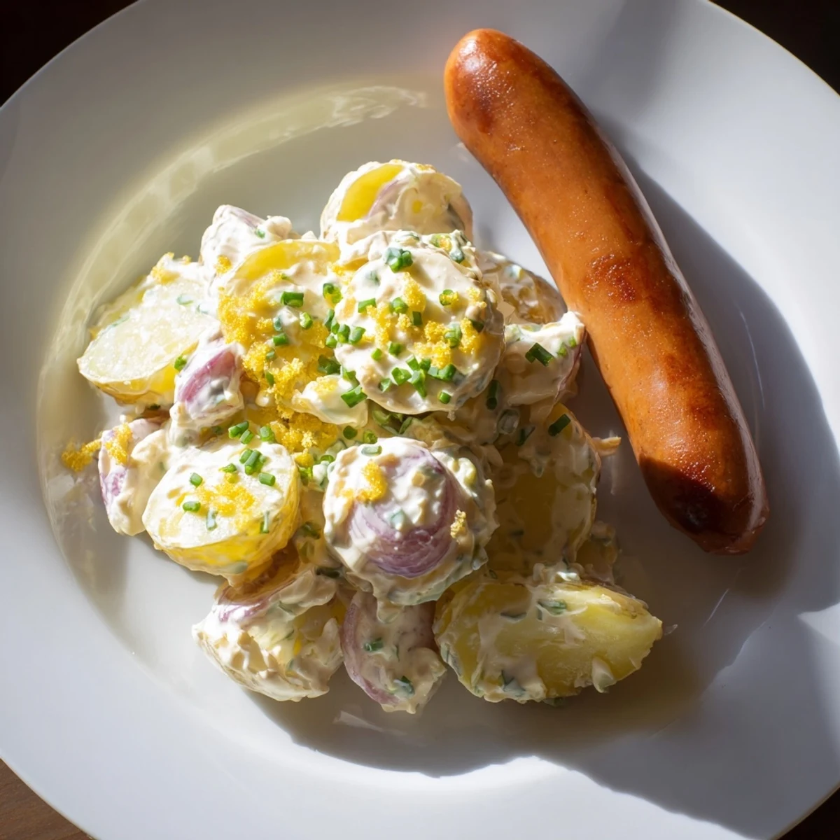 A close-up of creamy potato salad with sausages, a classic German comfort food dish.