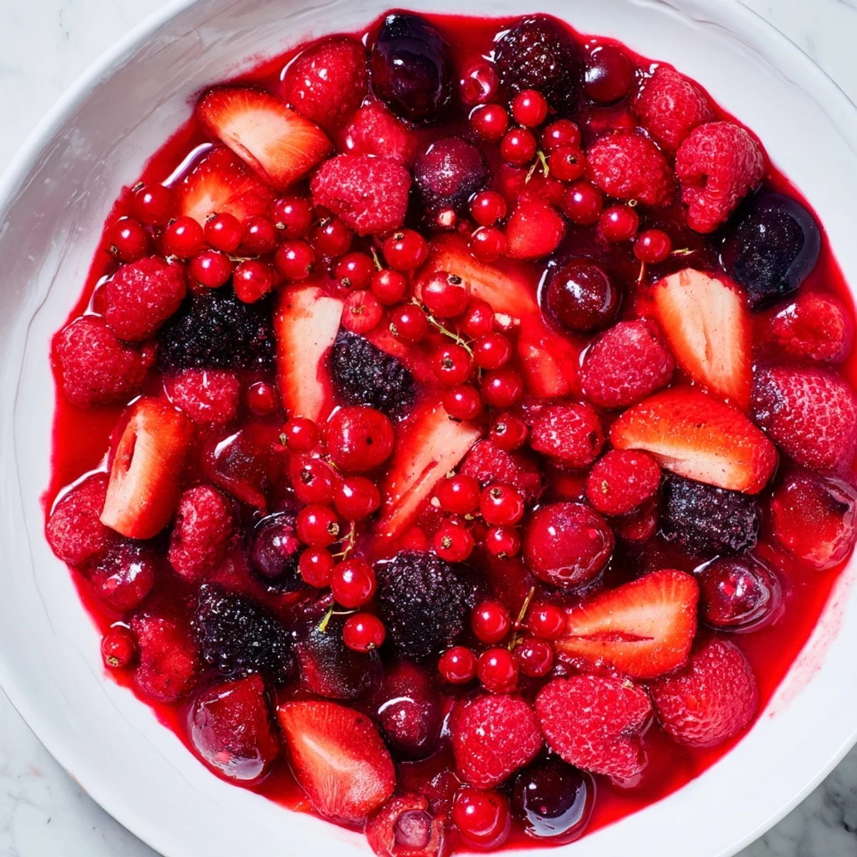 Freshly made Rote Grütze dessert, showcasing red berries and creamy vanilla sauce drizzled on top for serving.