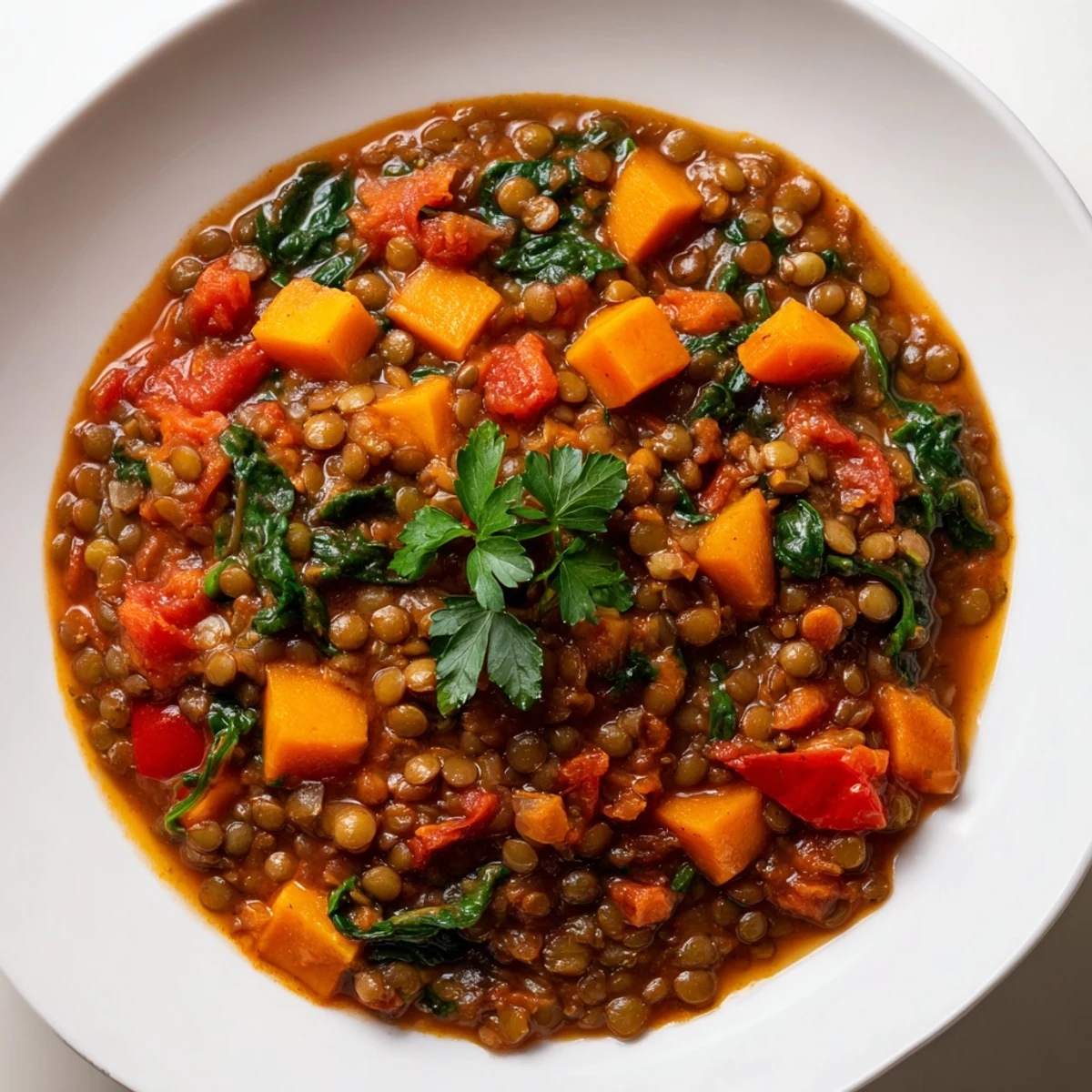 Steaming bowl of one-pot lentil and vegetable stew, filled with colorful, tender vegetables.
