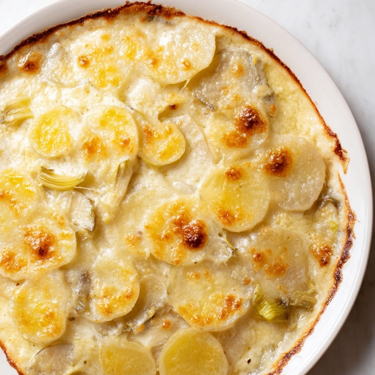 Creamy Potato and Leek Oven Gratin with a bubbly, golden-brown cheese topping; a comfort food classic.