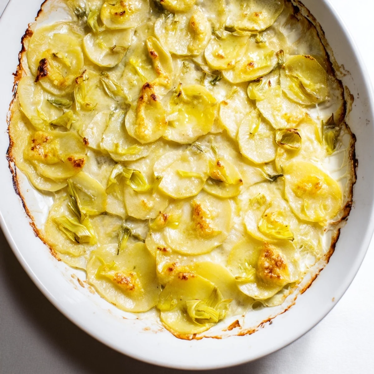 Close-up of freshly baked Potato and Leek Oven Gratin, showing layers of potatoes and creamy sauce.