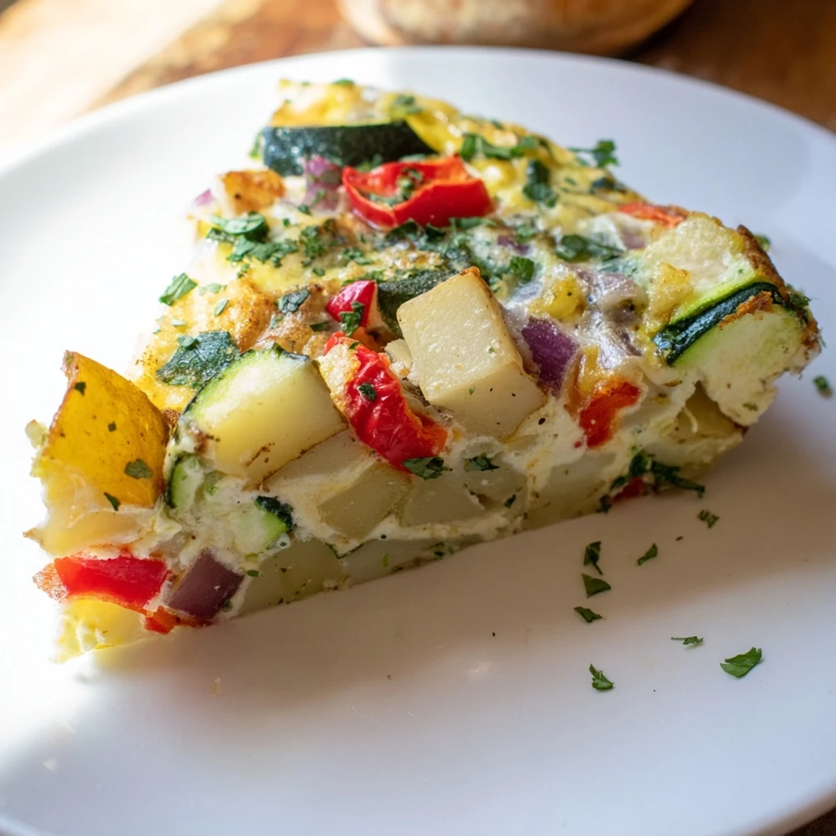 Savory slices of Potato and Vegetable Frittata, with tender vegetables and creamy texture, a delicious meal.