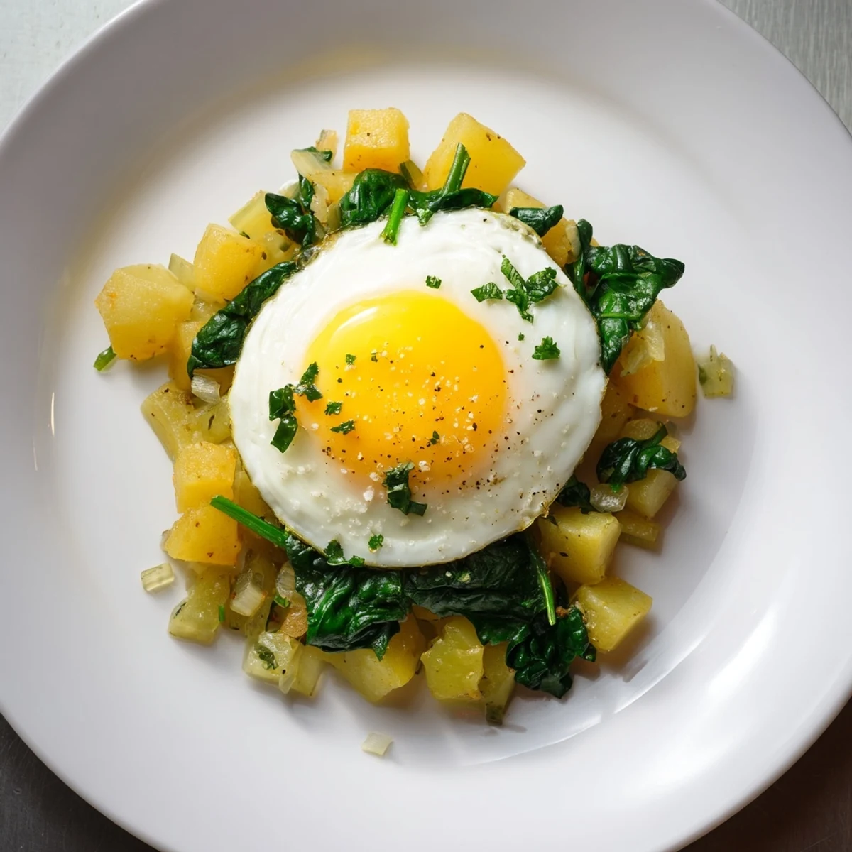 Crispy golden potatoes and spinach skillet topped with a fried egg; a flavorful brunch.