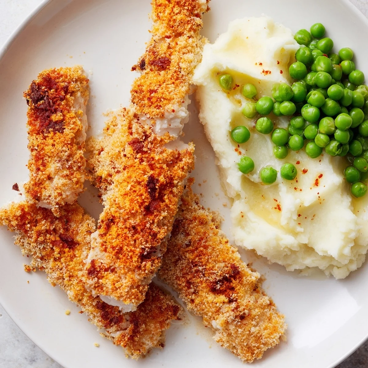 Golden-brown oven fish sticks with creamy mashed potatoes and vibrant green peas, a delightful plate.