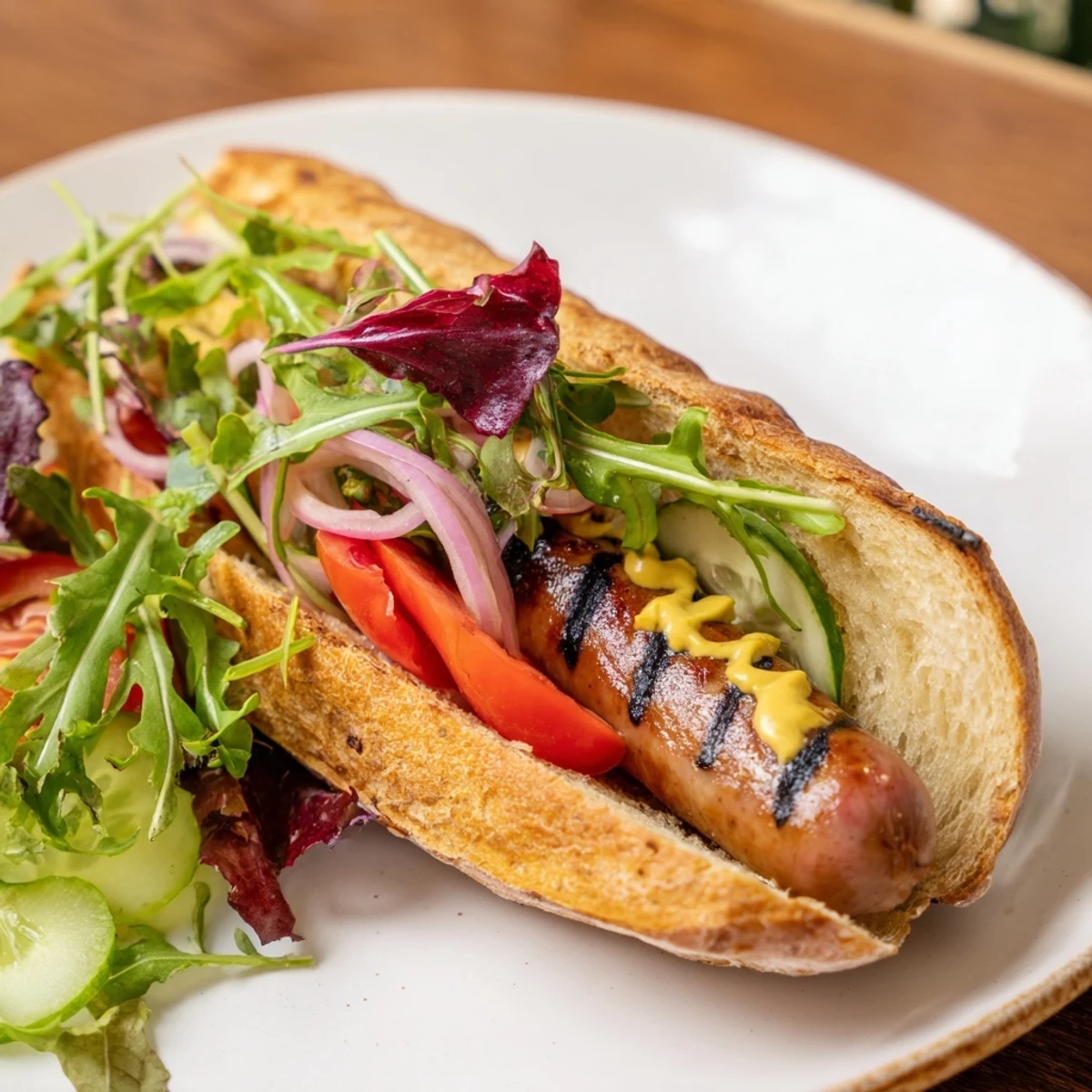 A close-up shot of hot Bratwurst in Baguette, ready to eat, with fresh salad and mustard.