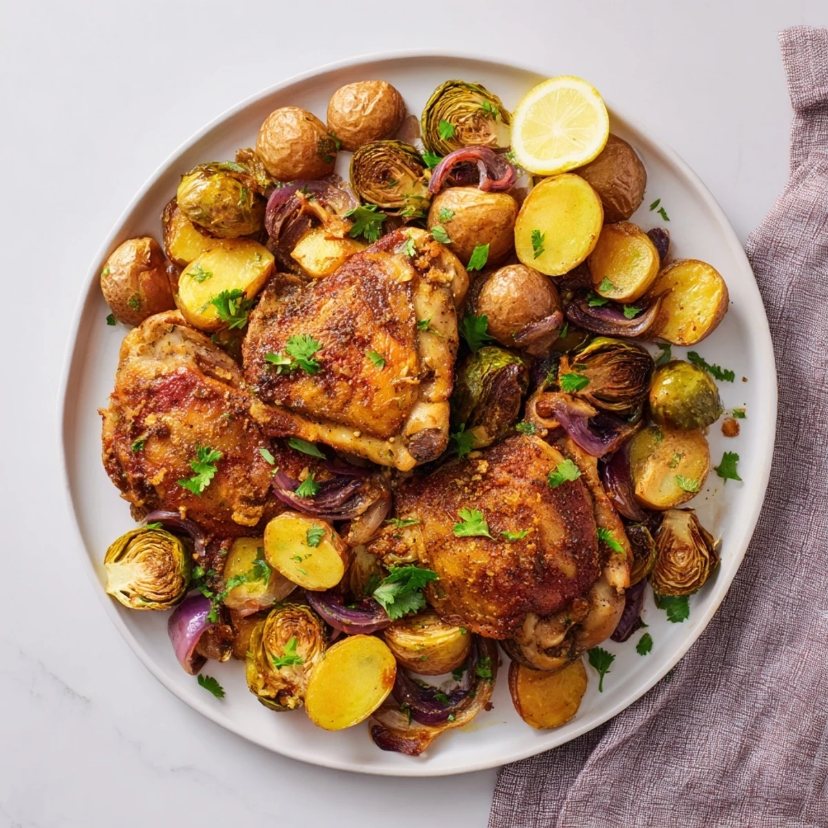 Crispy chicken thighs nestled among roasted vegetables in this easy one-pan chicken recipe.