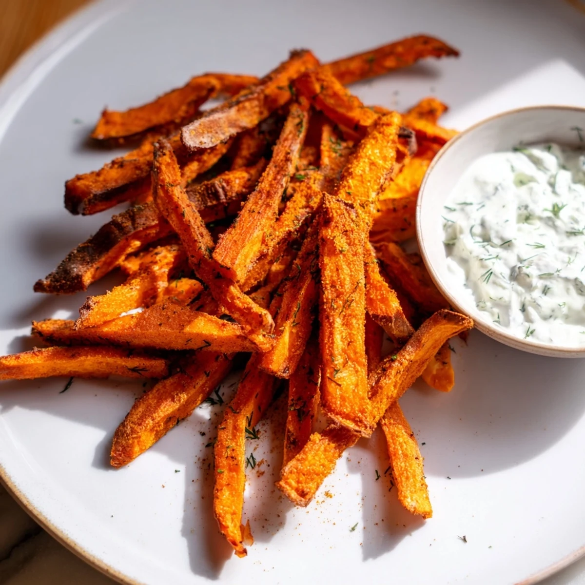 A delicious serving of oven-baked sweet potato fries, paired with creamy herbed yogurt for dipping.
