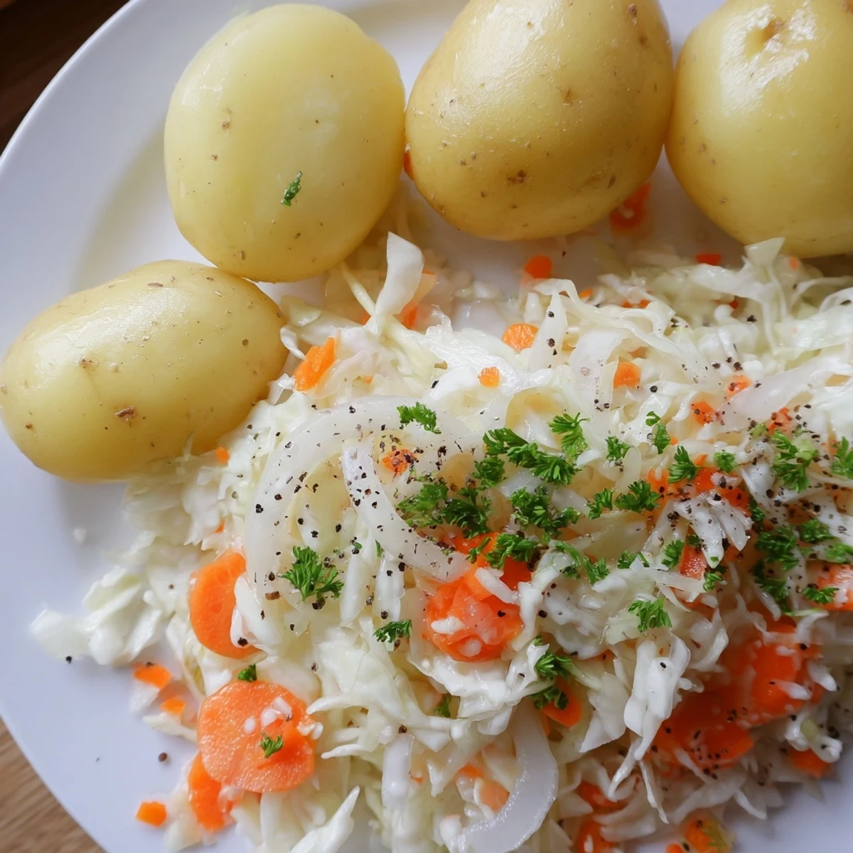 A vibrant photo showcases a German Krautsalat & Pellkartoffeln: fresh, crisp cabbage and golden potatoes.