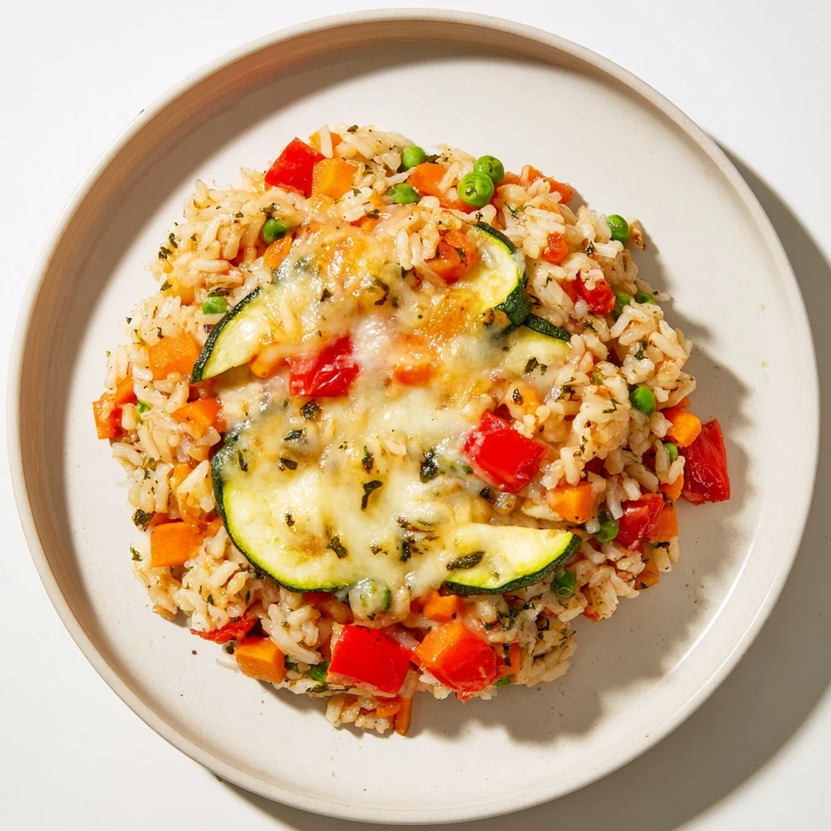 Golden-brown Oven-Baked Rice with Vegetables & Cheese, a bubbling casserole ready to serve.