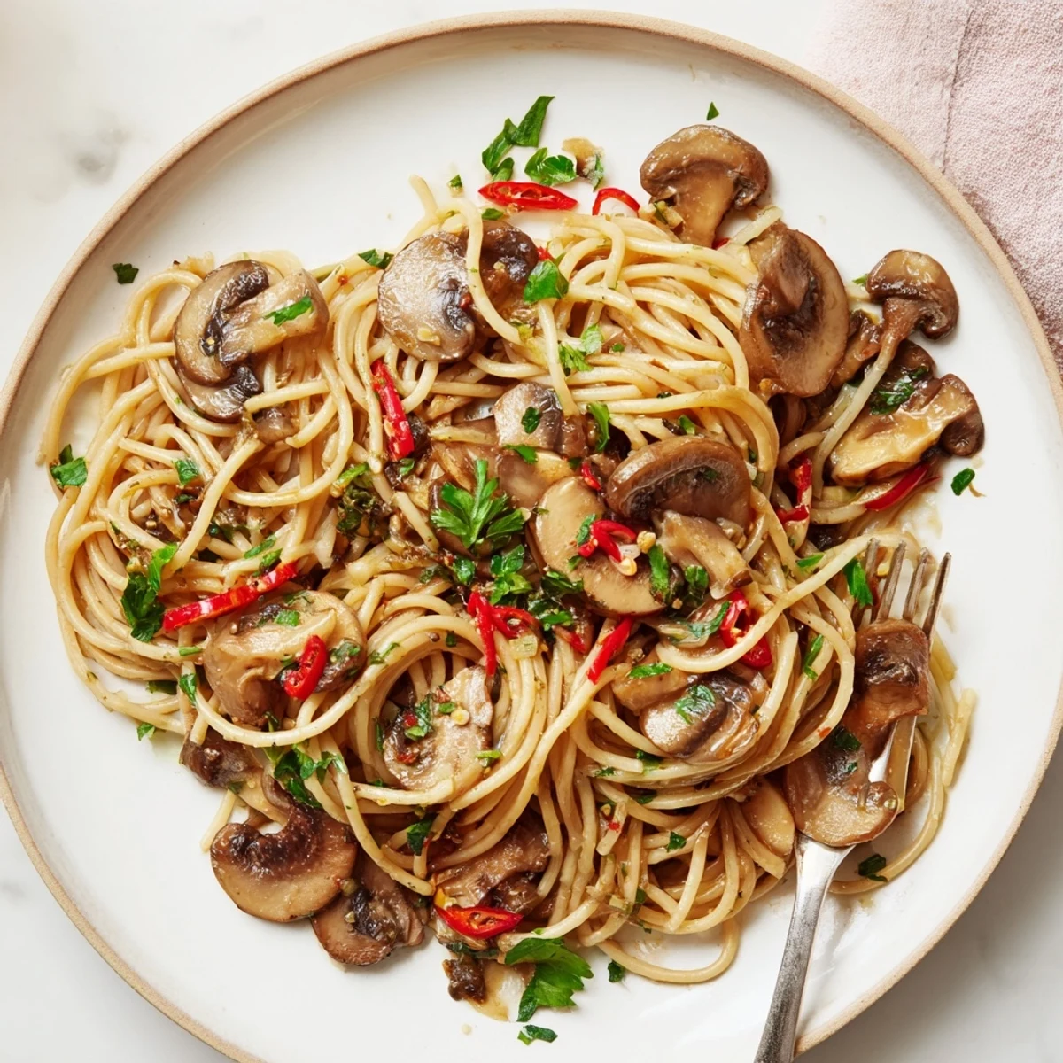 Here are the three ALT texts for the Pasta Aglio e Olio with Mushrooms recipe photo: