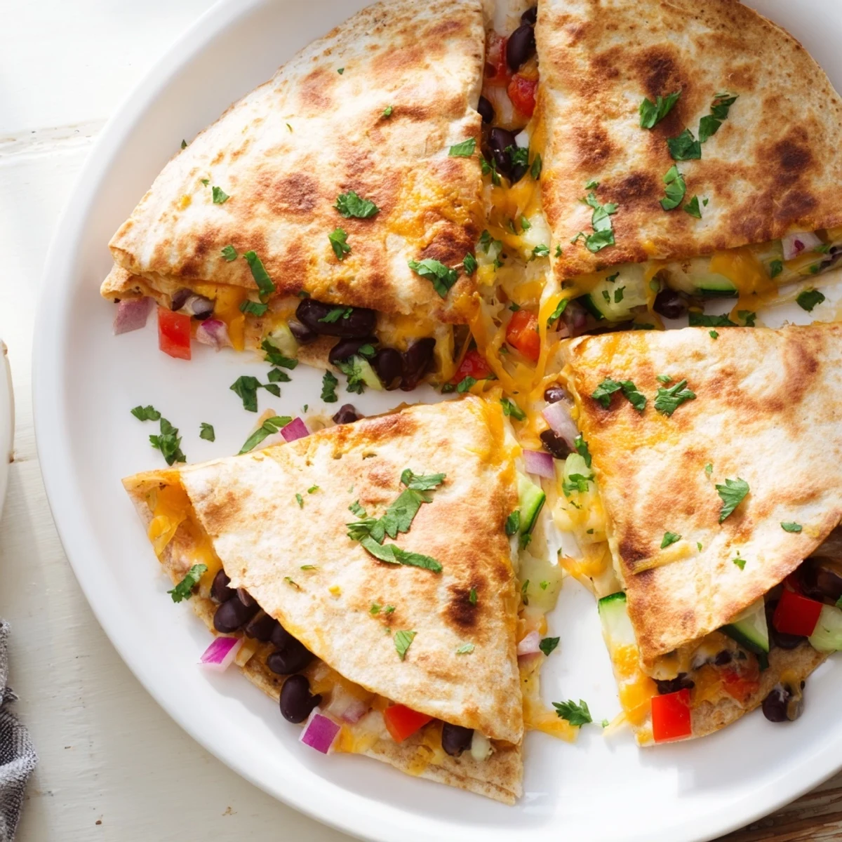 Golden-brown vegetarian quesadillas feature melted cheese, beans, and colorful vegetables, ready to eat.