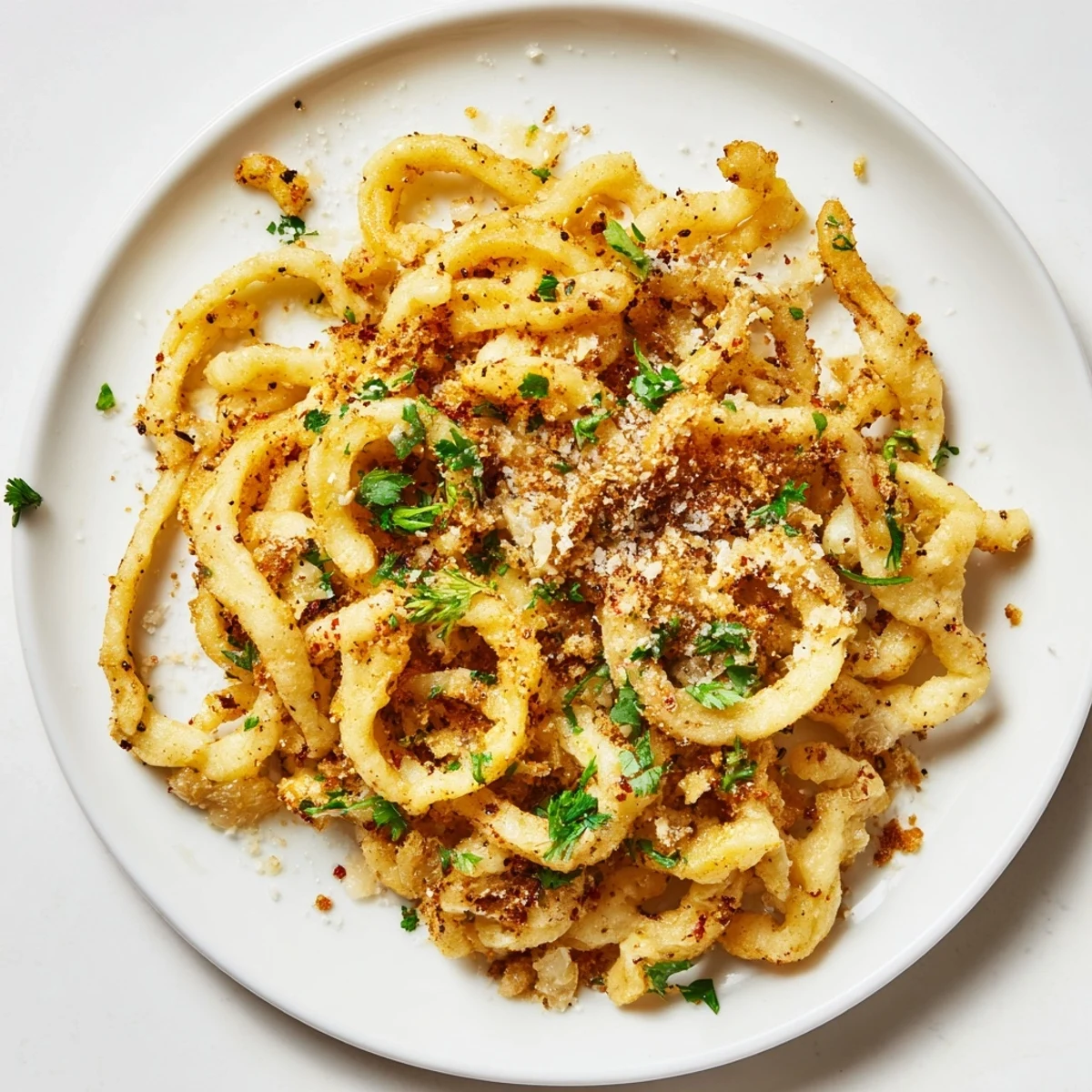 Air-fried Simple Air Fryer German Spätzle, perfectly browned with toasted edges and sprinkled with fresh parsley.