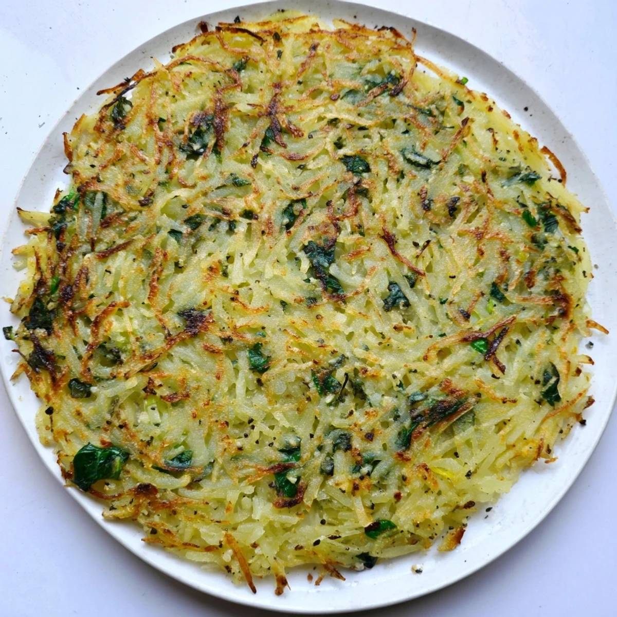 Close-up of a flavorful Healthy Potato & Spinach Rösti, showing the textures of grated potatoes.