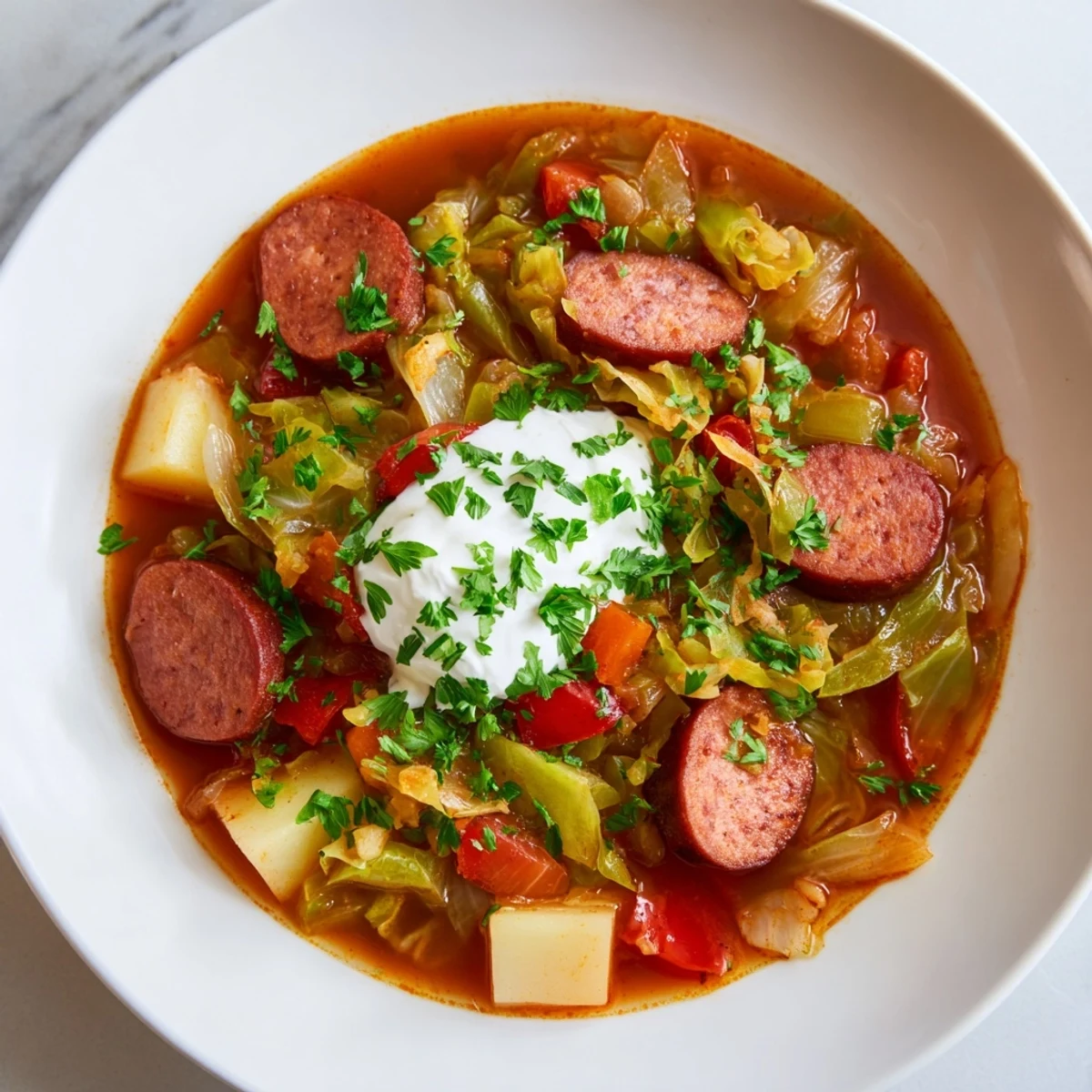 Hearty Effortless Sausage and Cabbage Stew, with tender cabbage and sausage, ready to serve with fresh parsley.