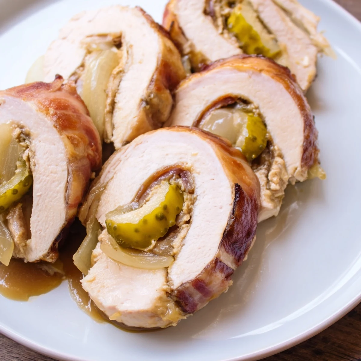 Savory Quick Chicken Rouladen Rolls are baked and served, showcasing the mustard and pickle filling.