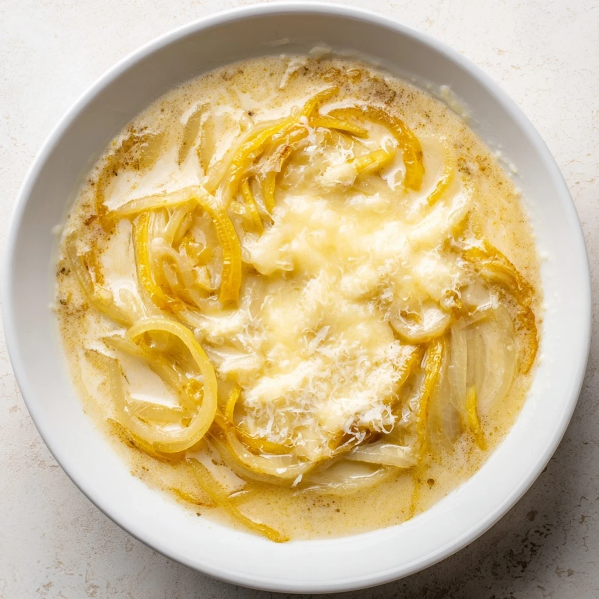 A close-up of creamy German Cheese and Onion Beer Soup with a sprinkle of cheese, perfect and delicious.