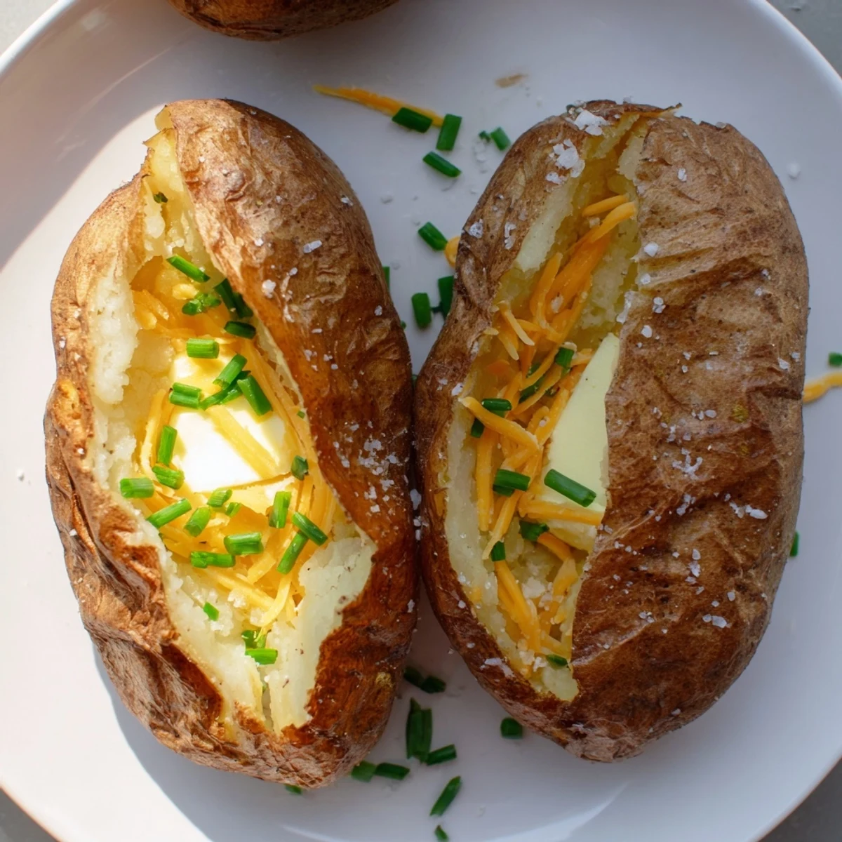Golden-brown skin and fluffy interior of a perfectly prepared ultimate baked potato, ready to be topped.