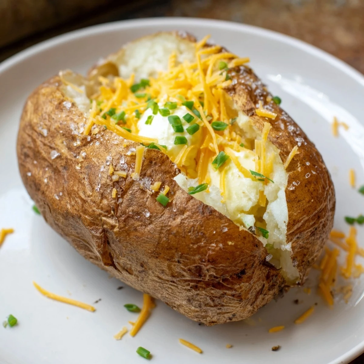 A close-up of a generously seasoned, perfectly baked ultimate baked potato, ideal for your next meal.